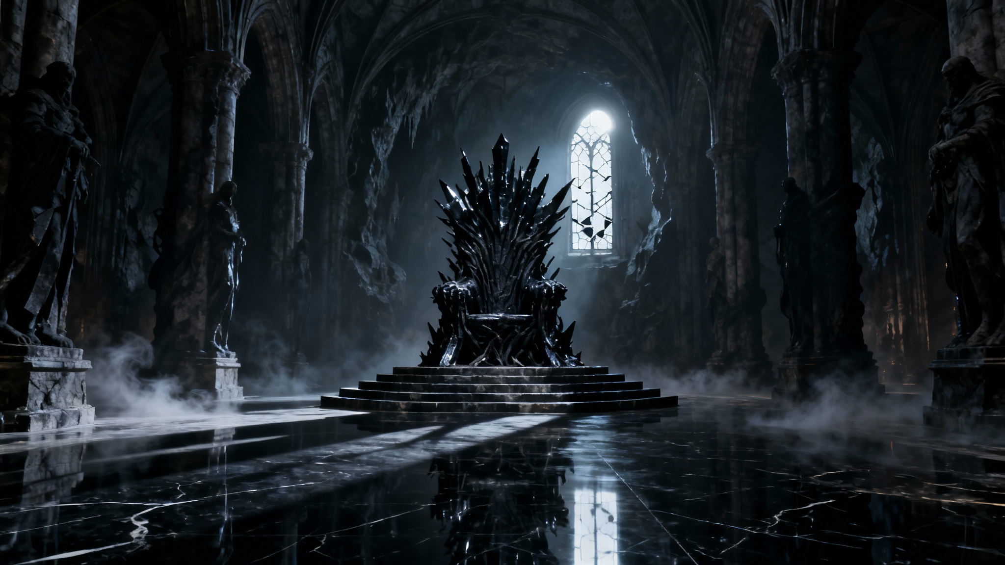 A vast and ominous dark fantasy throne room with a massive, jagged black throne at its center. Moonlight streams through a high window, casting long shadows across the cavernous hall and stone pillars.