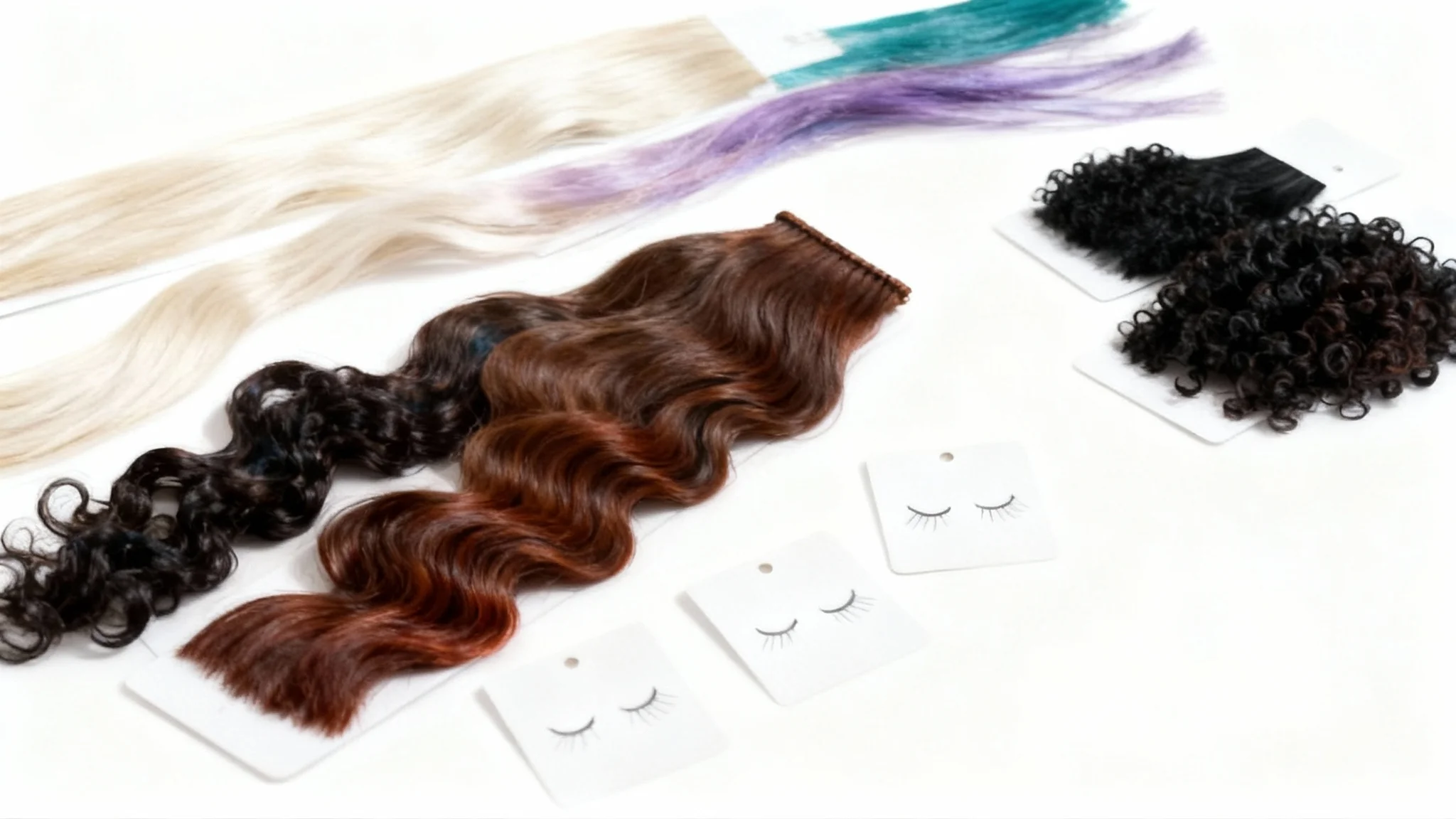 A professional flat lay photograph of several finished hair sample cards on a white background, showcasing a wide variety of hair colors and textures.
