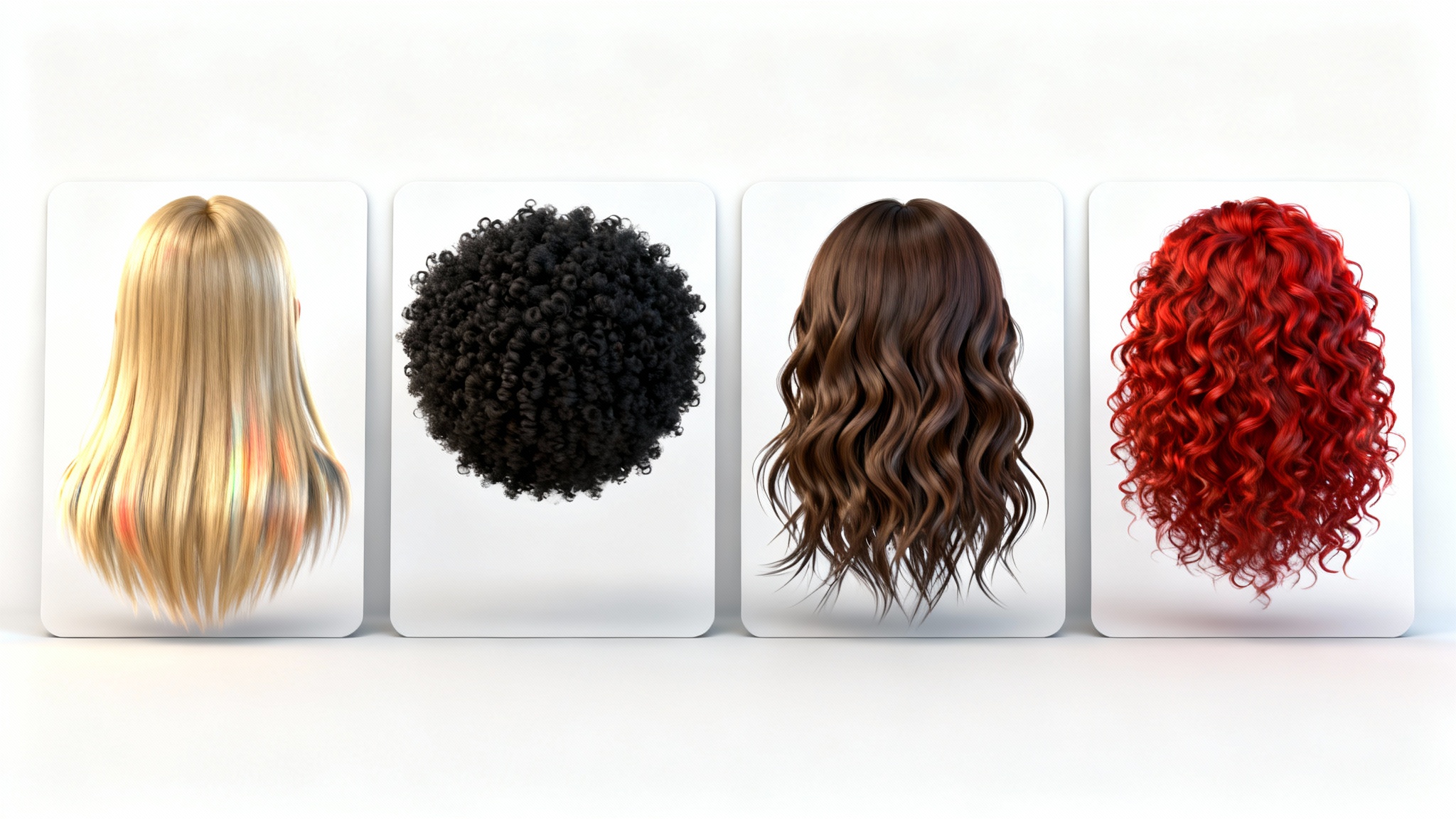 A collection of highly detailed 3D hair cards for video game assets, displaying various hair styles and colors like straight blonde, coily black, and wavy brown, arranged on a clean white background.
