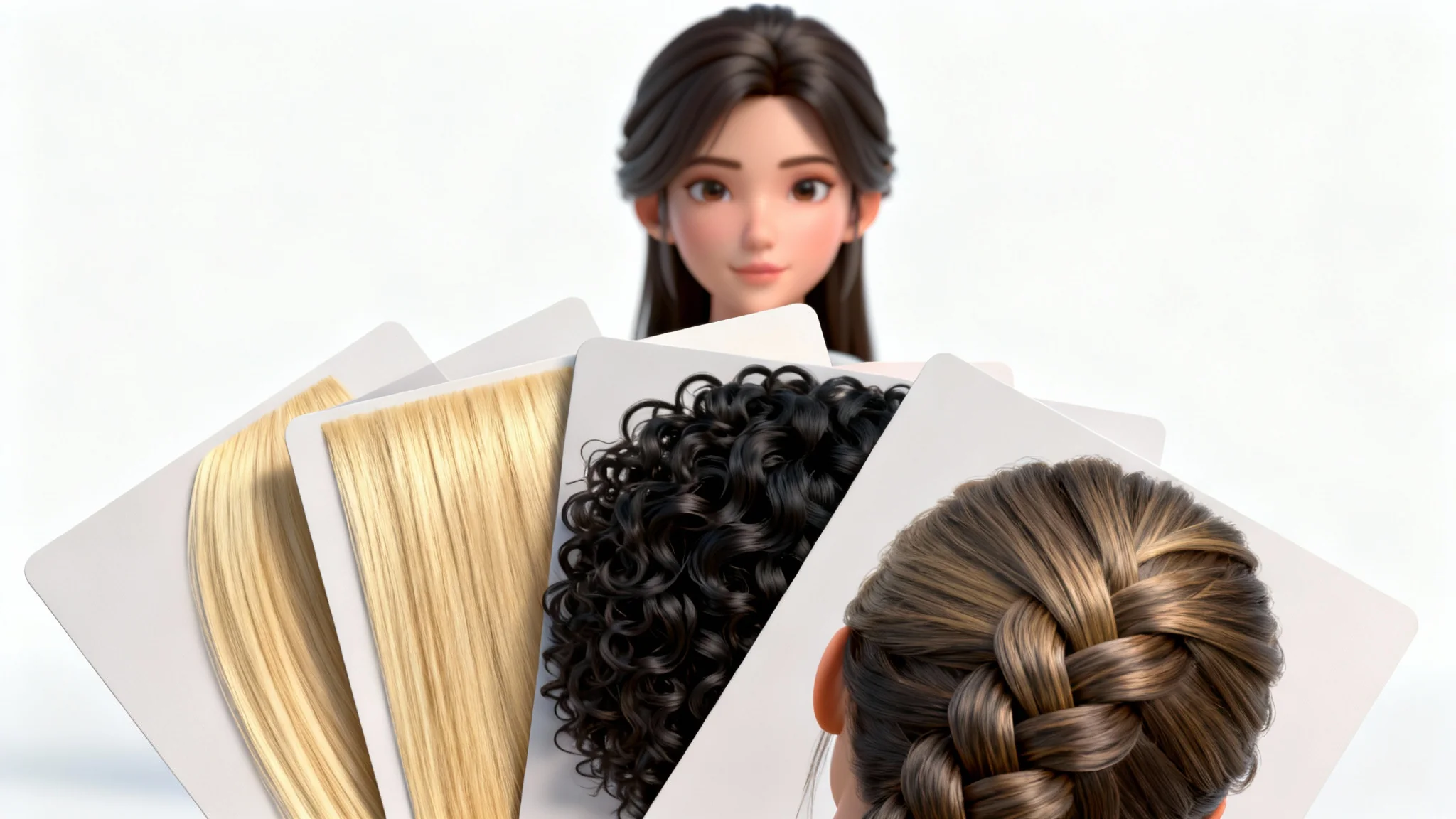 A showcase of 3D hair cards for game development, with detailed hair texture maps in the foreground and a 3D character head with finished hair in the background, all on a clean white surface.