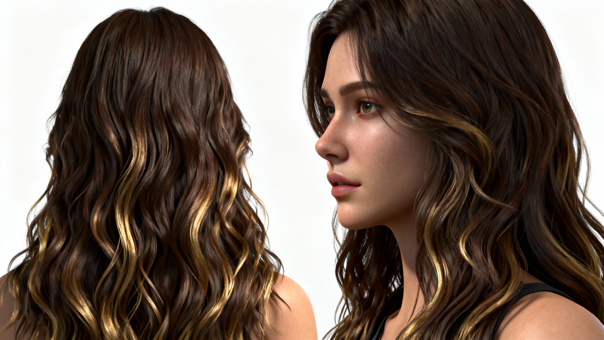 A photorealistic 3D render of a character's head, focusing on their long, wavy, and highly detailed brunette hair, set against a solid white background to showcase the quality of hair card textures.