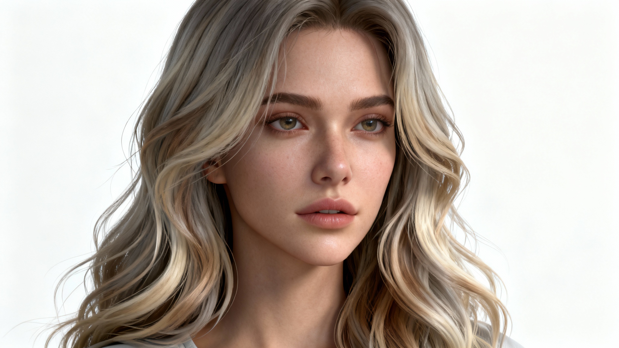An ultra-realistic 3D render of a character's head and shoulders, focusing on their long, wavy, and beautifully colored hair to demonstrate the quality of hair card assets, set against a plain white background.