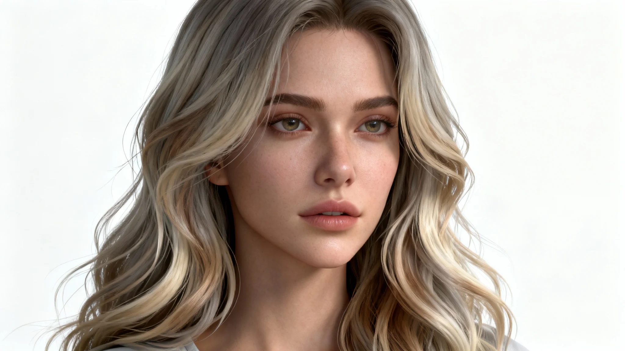 An ultra-realistic 3D render of a character's head and shoulders, focusing on their long, wavy, and beautifully colored hair to demonstrate the quality of hair card assets, set against a plain white background.