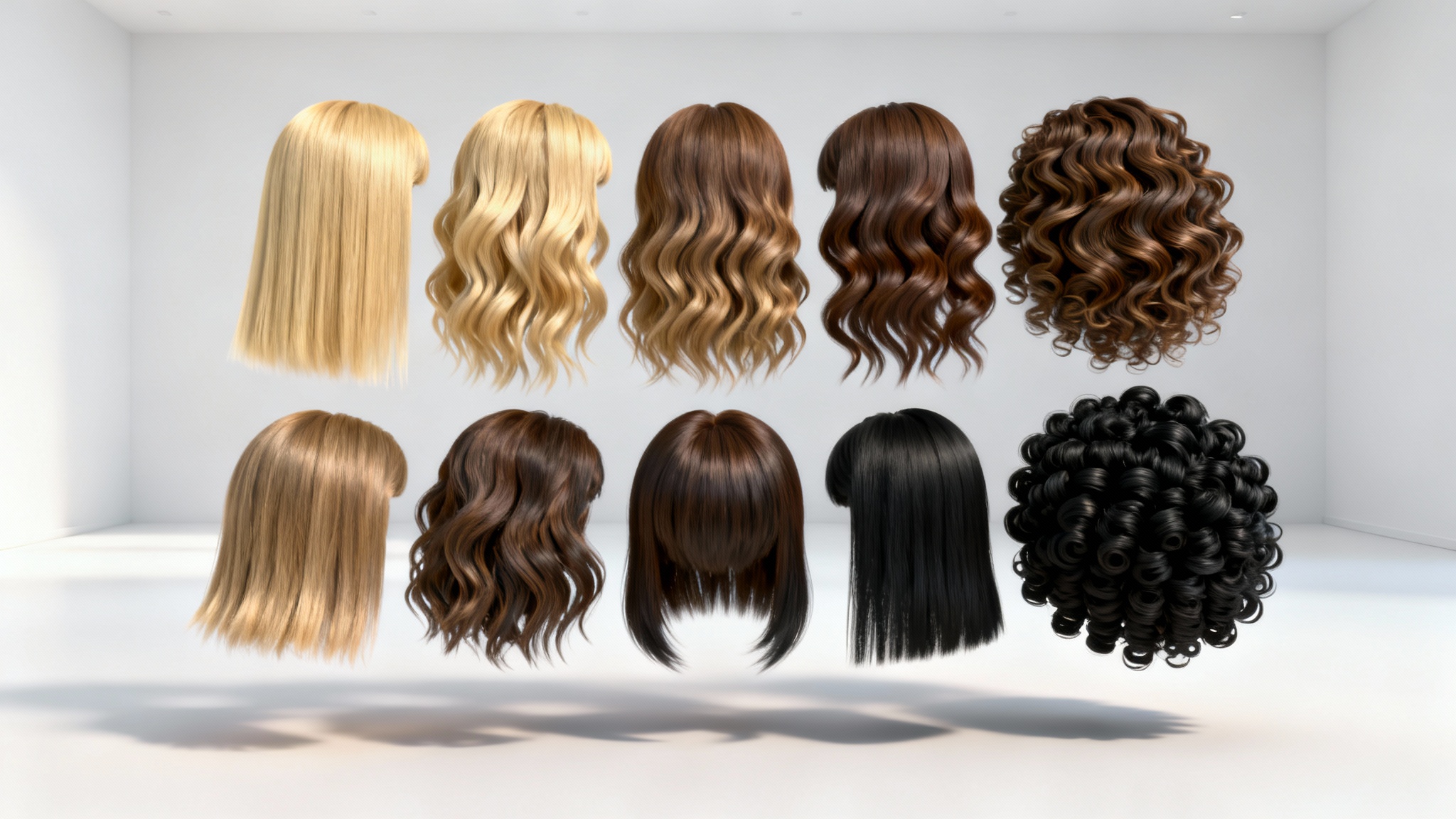 A collection of high-quality, realistic hair cards used for 3D character modeling, showcasing various hair types and colors against a clean white background.