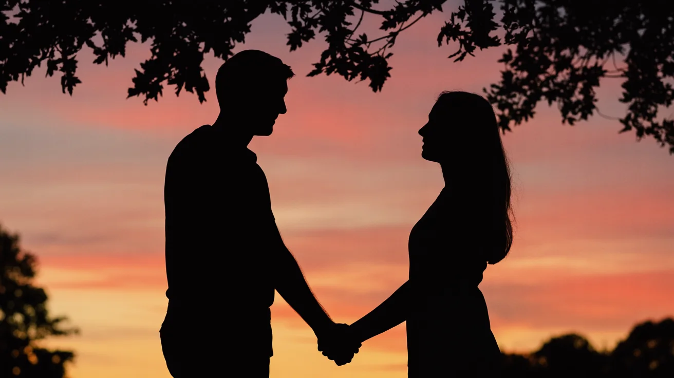 A final design showing a clean black silhouette of a couple holding hands, extracted and placed on a minimal background with a soft orange and pink gradient. The result is professional and artistic.