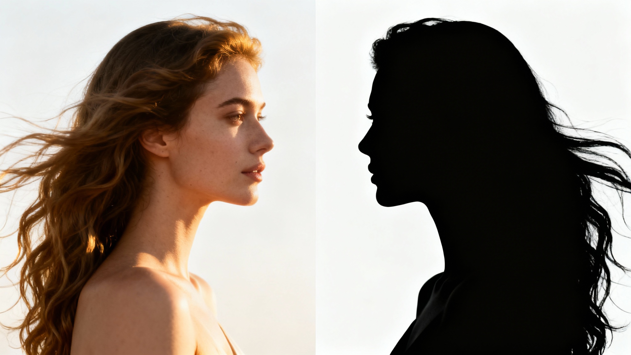 A conceptual image split in two: the left side shows a color photo of a woman in profile, and the right side shows her exact silhouette in solid black.