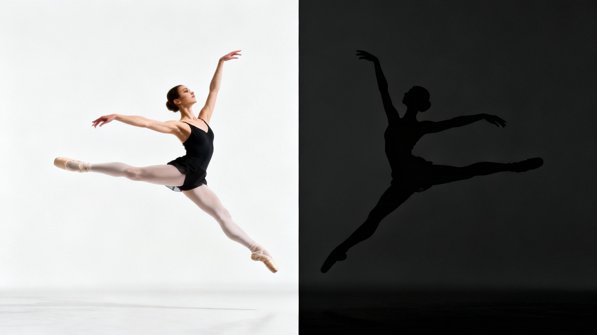 A split-image mockup demonstrating a photo being turned into a silhouette. The left side shows a full-color photo of a ballet dancer in mid-air, and the right side shows the dancer as a solid black silhouette against a white background.