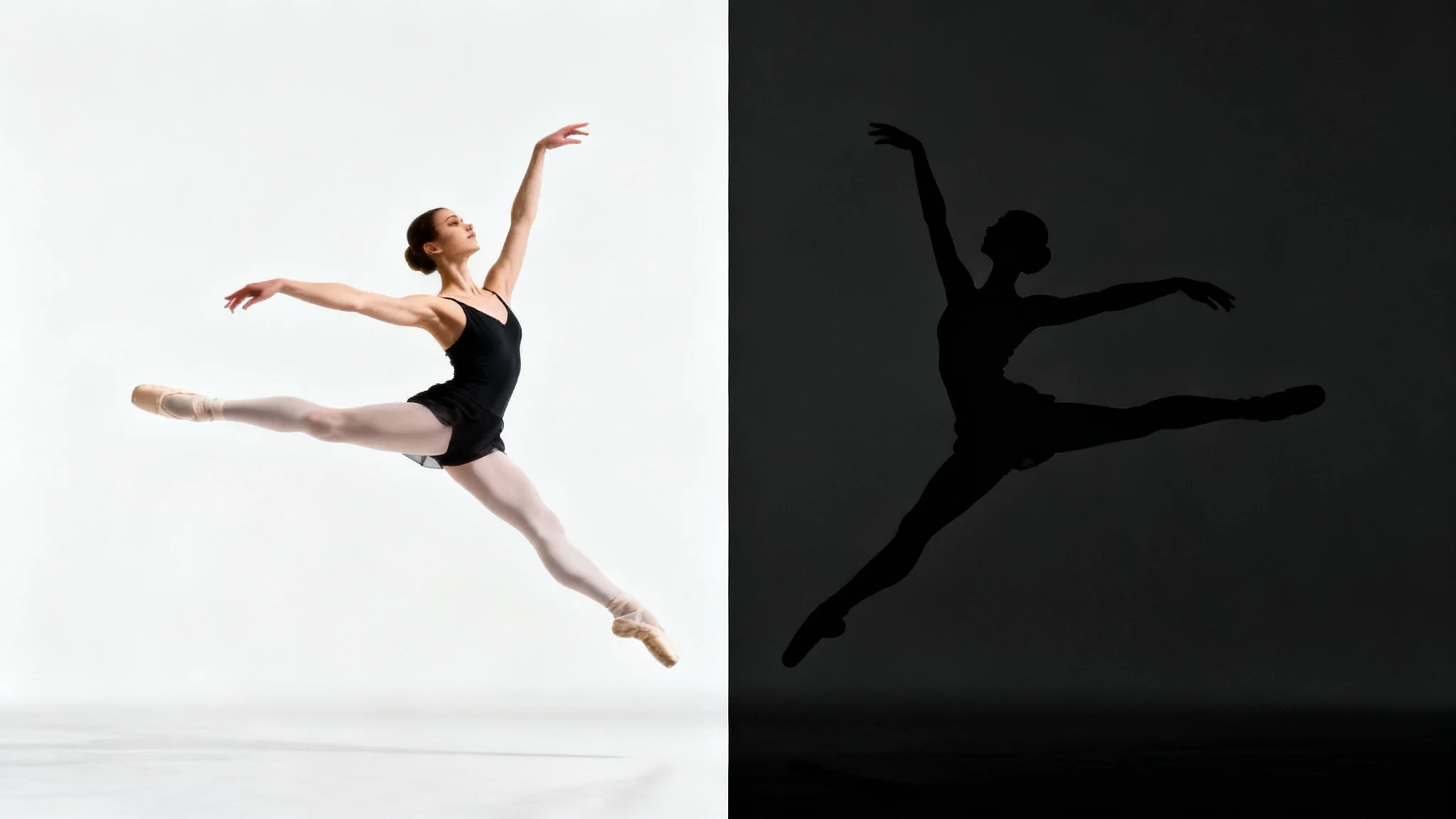 A split-image mockup demonstrating a photo being turned into a silhouette. The left side shows a full-color photo of a ballet dancer in mid-air, and the right side shows the dancer as a solid black silhouette against a white background.