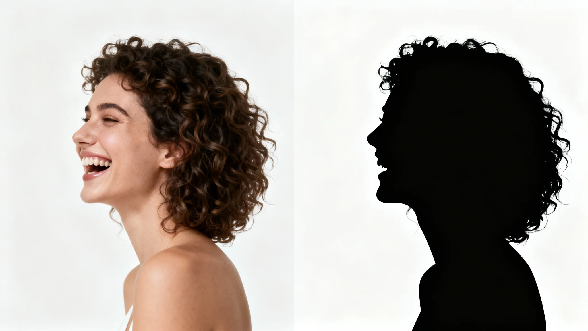 A side-by-side comparison showing a photo transformed into a silhouette. The left panel shows a color photo of a woman's profile, and the right panel shows the same pose as a solid black silhouette.