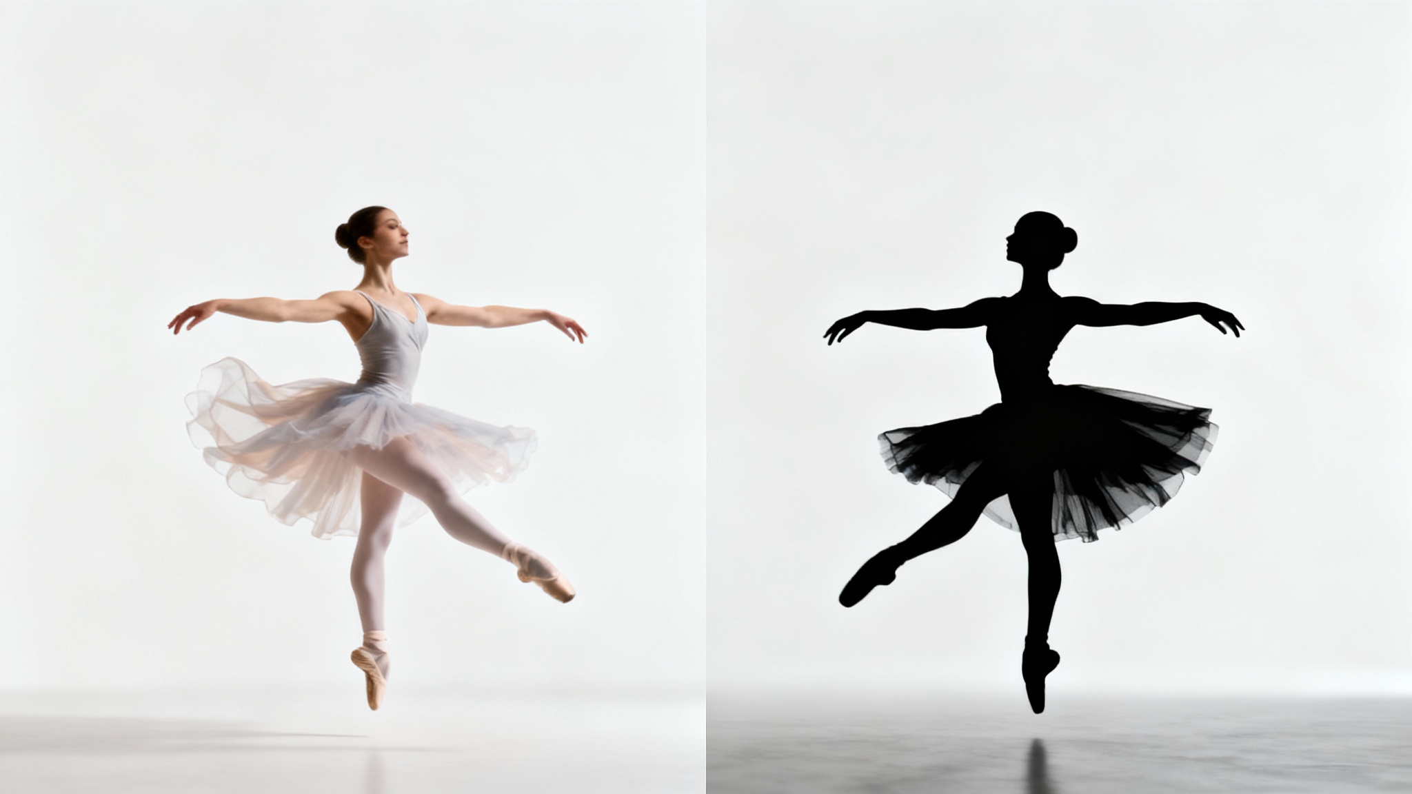 A 'before and after' image showing a photo of a leaping ballerina on the left being transformed into a crisp black silhouette on the right, against a clean white background.