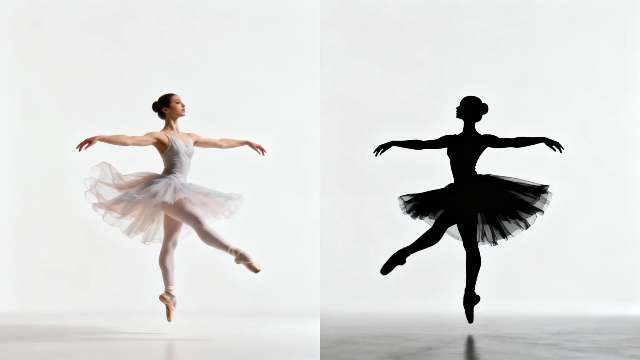 A 'before and after' image showing a photo of a leaping ballerina on the left being transformed into a crisp black silhouette on the right, against a clean white background.