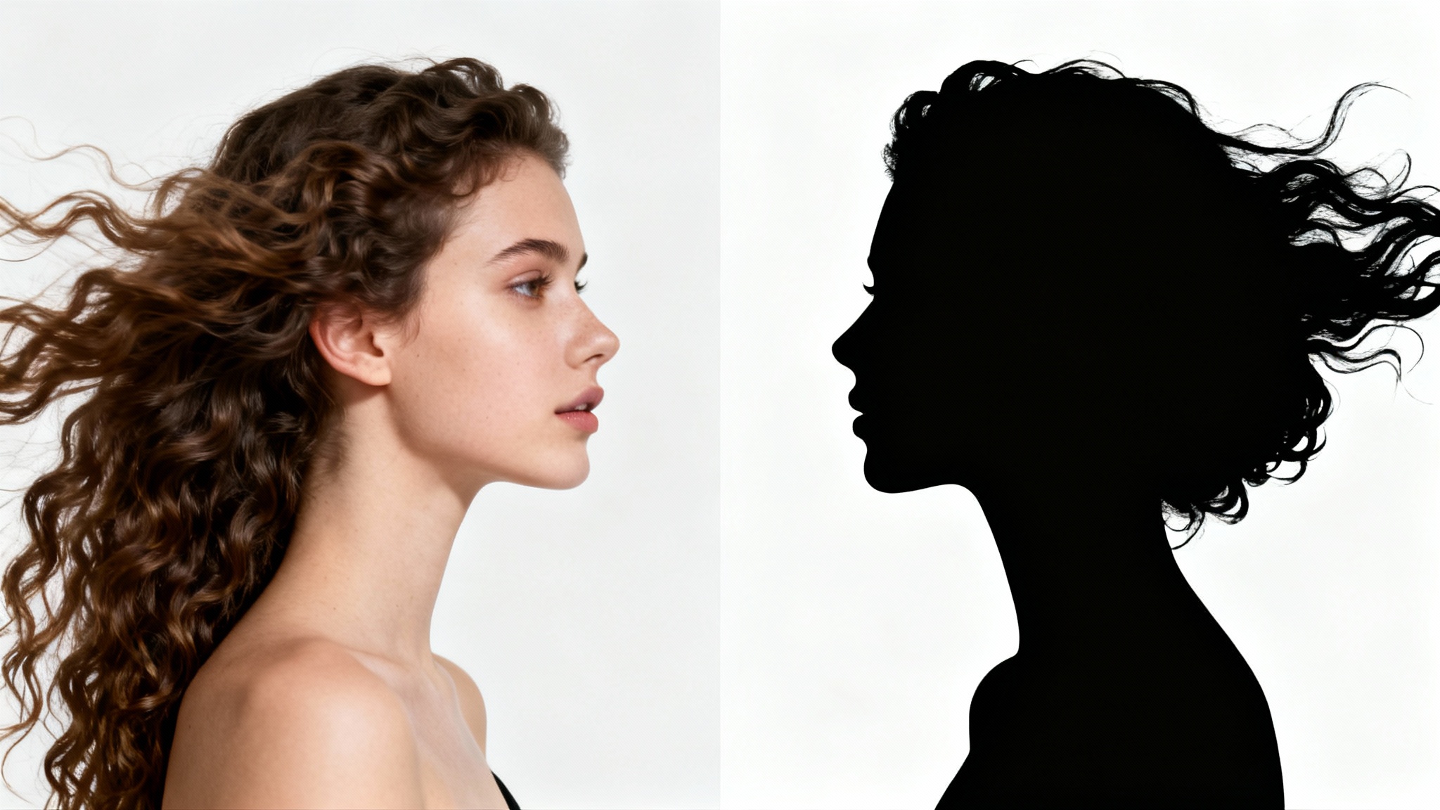A split-image demonstrating a photo being turned into a silhouette. The left side shows a color photo of a woman's profile, and the right side shows the corresponding crisp black silhouette against a white background.