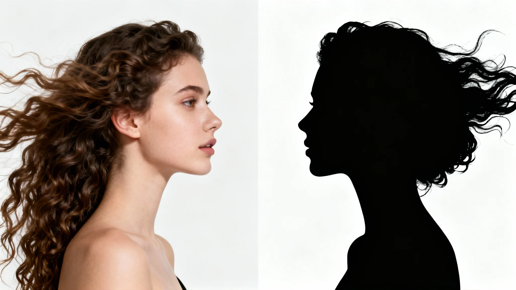 A split-image demonstrating a photo being turned into a silhouette. The left side shows a color photo of a woman's profile, and the right side shows the corresponding crisp black silhouette against a white background.