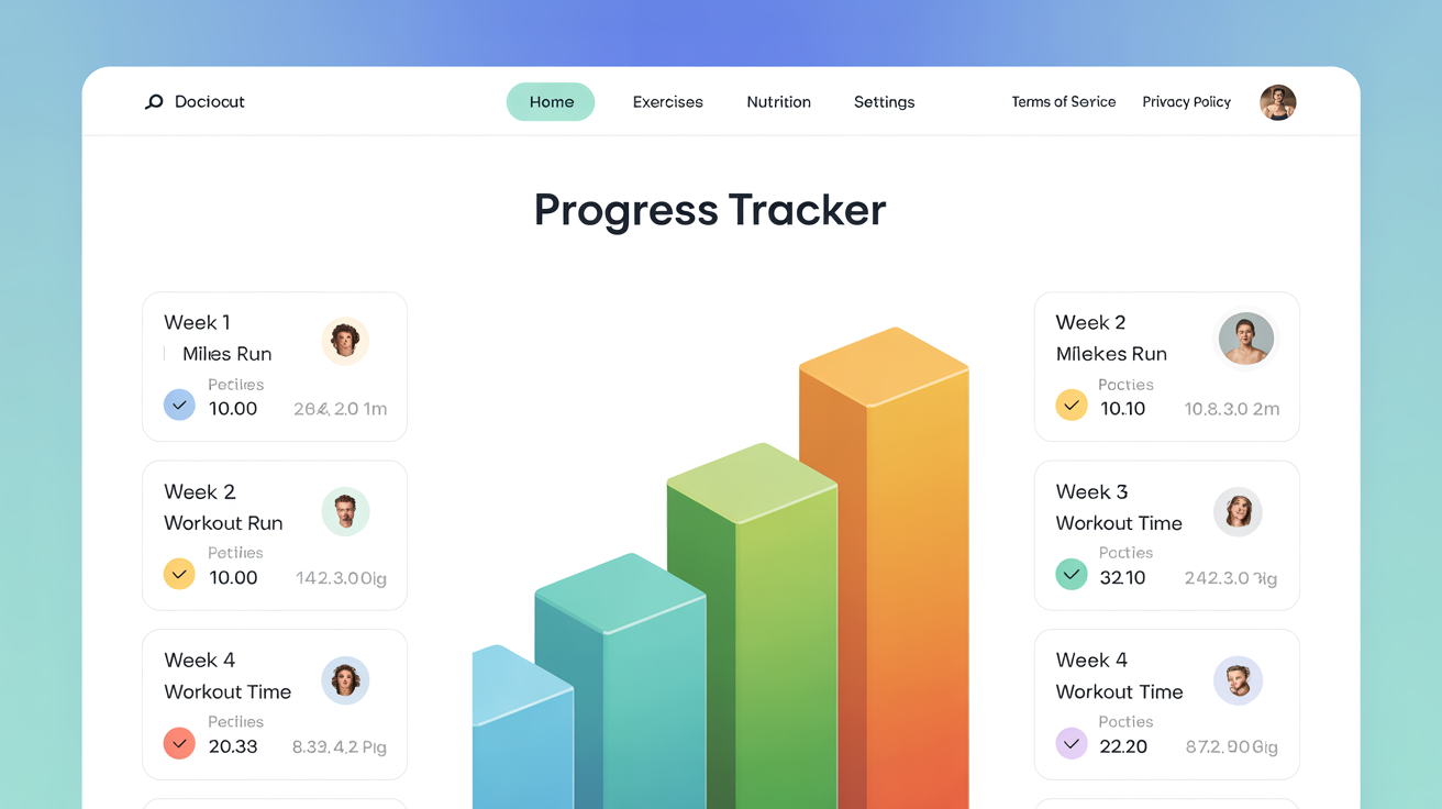 A colorful and modern digital fitness progress tracker, shown as a final result. The chart is filled with a month's worth of data, showing an upward trend in performance via a stylized block arrow graph. The design is clean and professional.