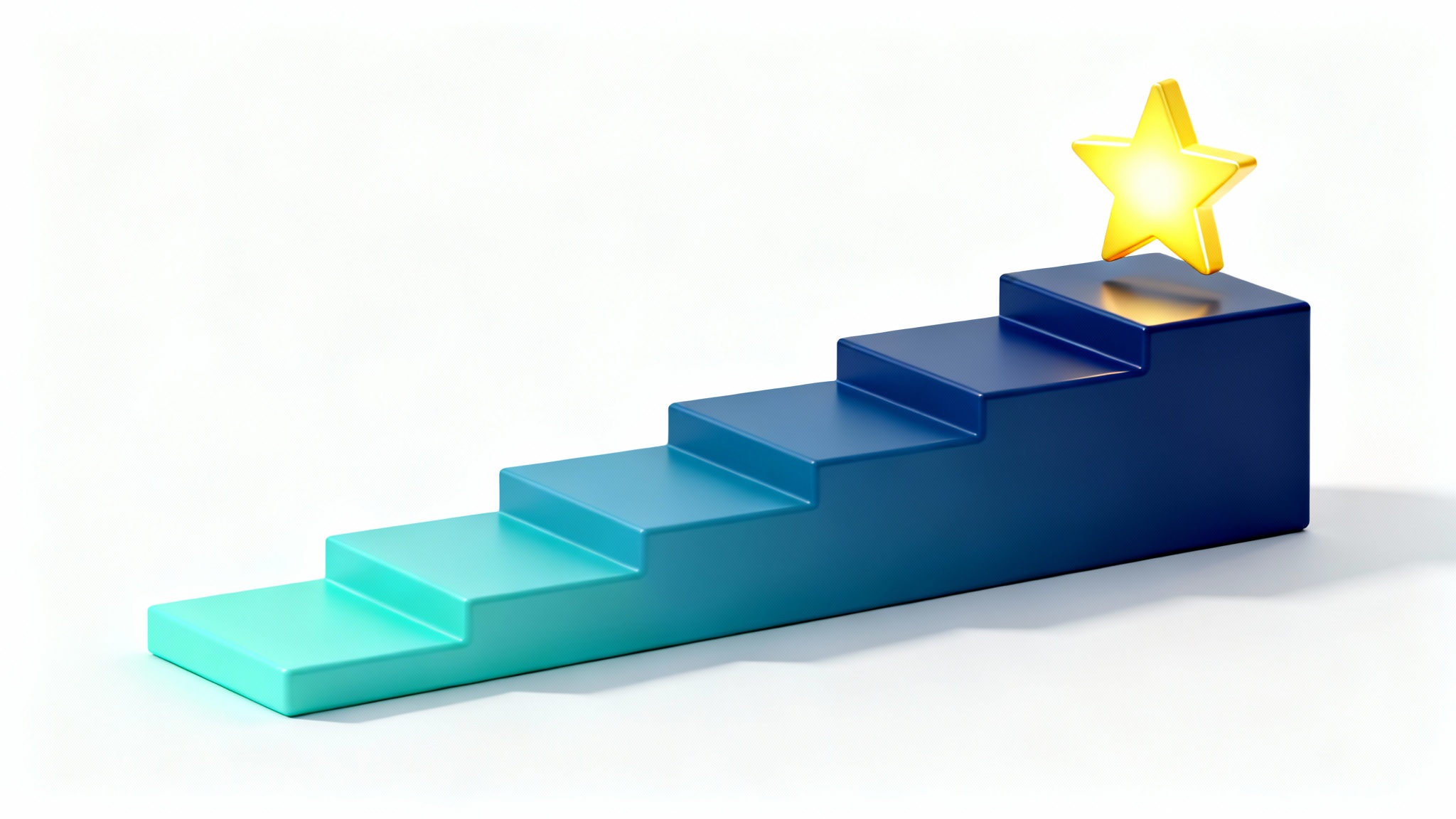 A 3D illustration of a progress tracker, showing a five-step staircase in a blue gradient on a white background, with a bright yellow star on the top step to signify a goal achieved.