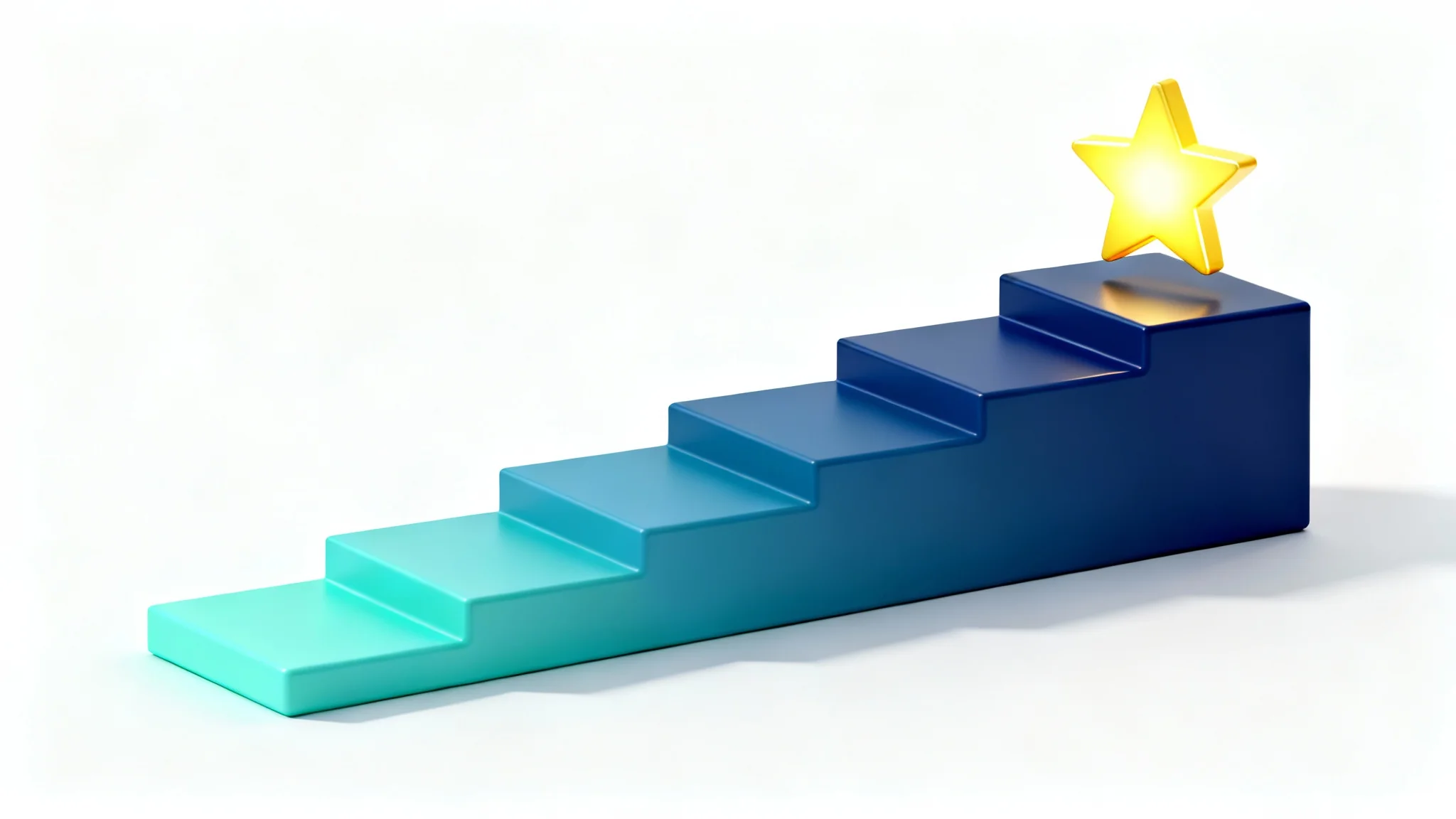 A 3D illustration of a progress tracker, showing a five-step staircase in a blue gradient on a white background, with a bright yellow star on the top step to signify a goal achieved.