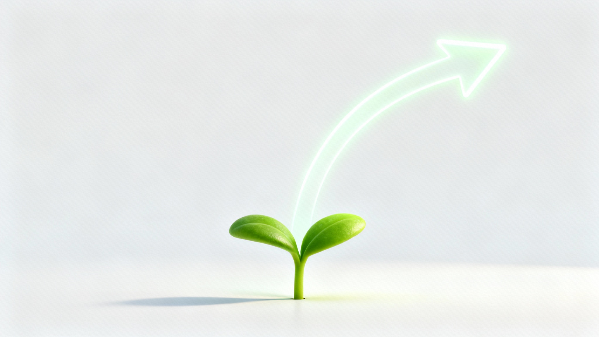 A 3D mockup illustrating a progress tracker, featuring a small green seedling on a white background with a glowing arrow pointing upwards, symbolizing growth.