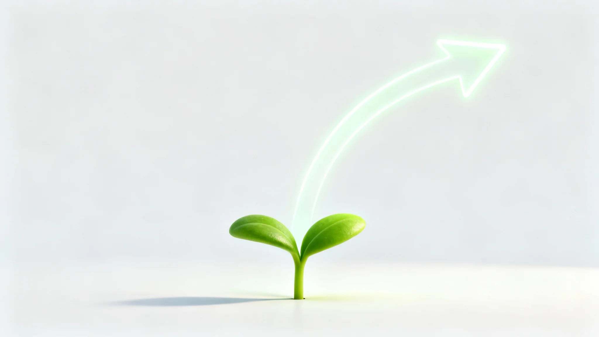 A 3D mockup illustrating a progress tracker, featuring a small green seedling on a white background with a glowing arrow pointing upwards, symbolizing growth.