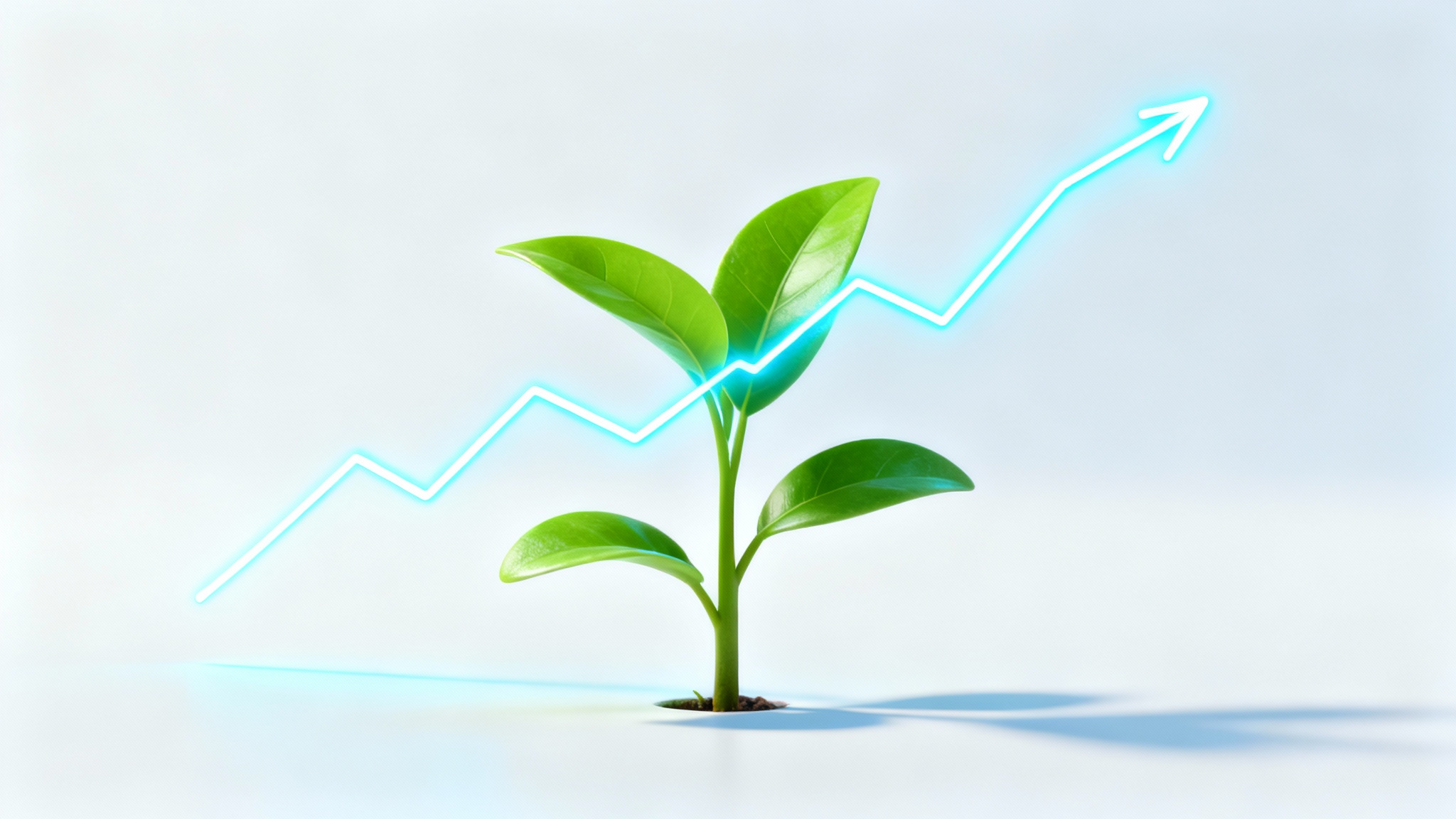 A minimalist 3D illustration of a small green plant on a white background, symbolizing growth. A glowing blue line chart rises next to the plant, representing a progress tracker.