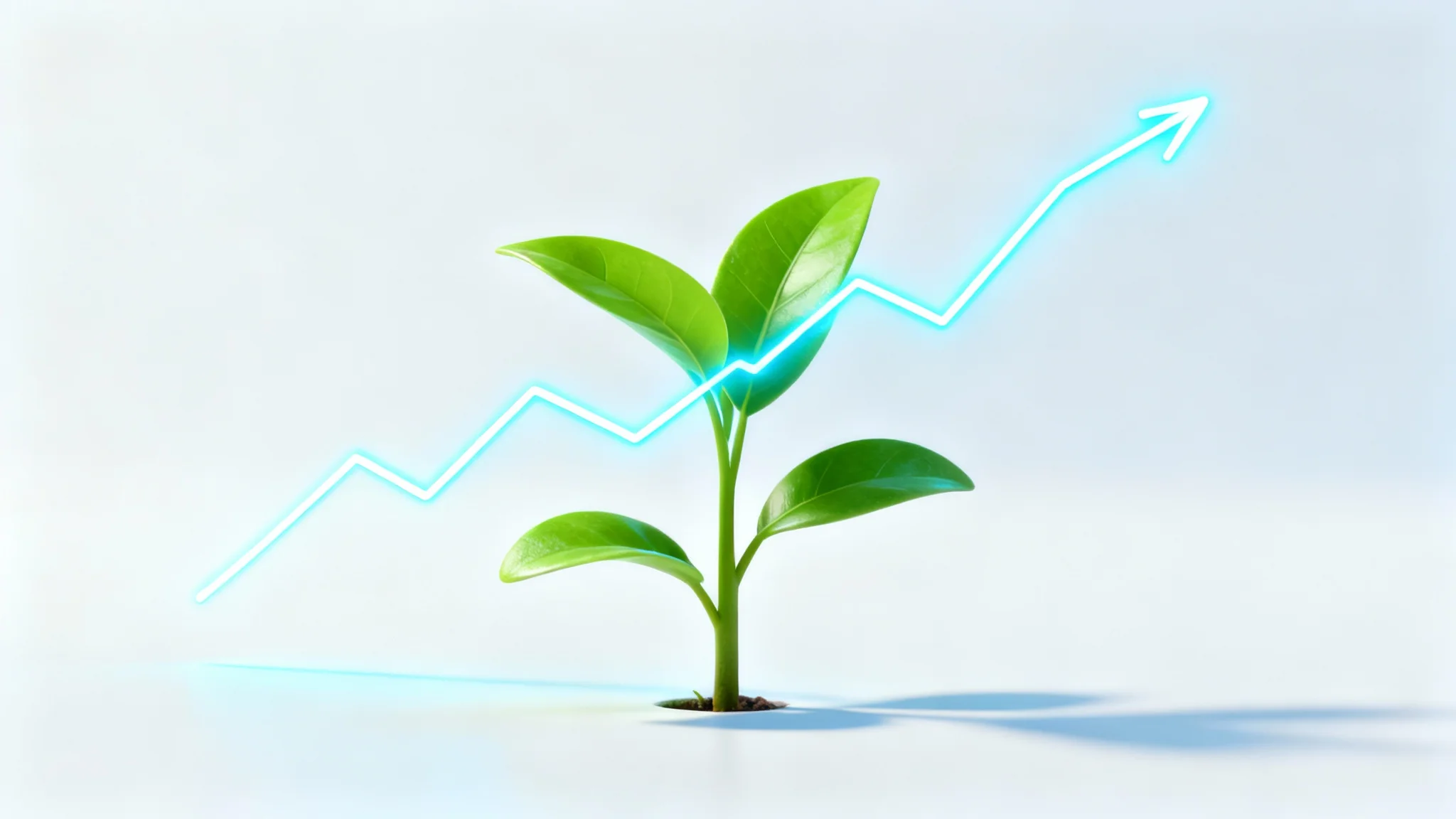A minimalist 3D illustration of a small green plant on a white background, symbolizing growth. A glowing blue line chart rises next to the plant, representing a progress tracker.