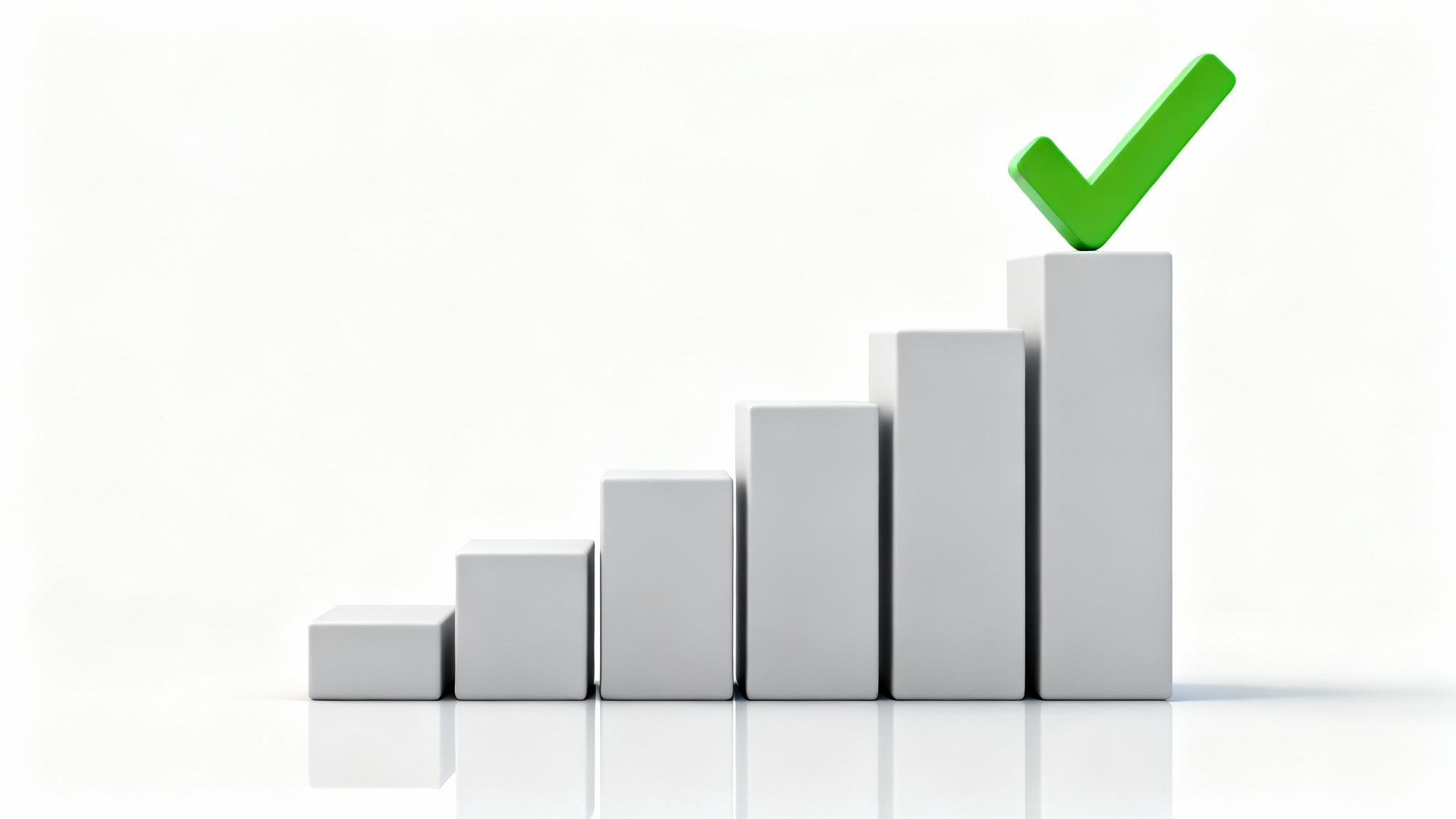 A 3D mockup of a progress tracker, visualized as a series of gray steps ascending from left to right, with a green checkmark on the highest step, all against a clean white background.