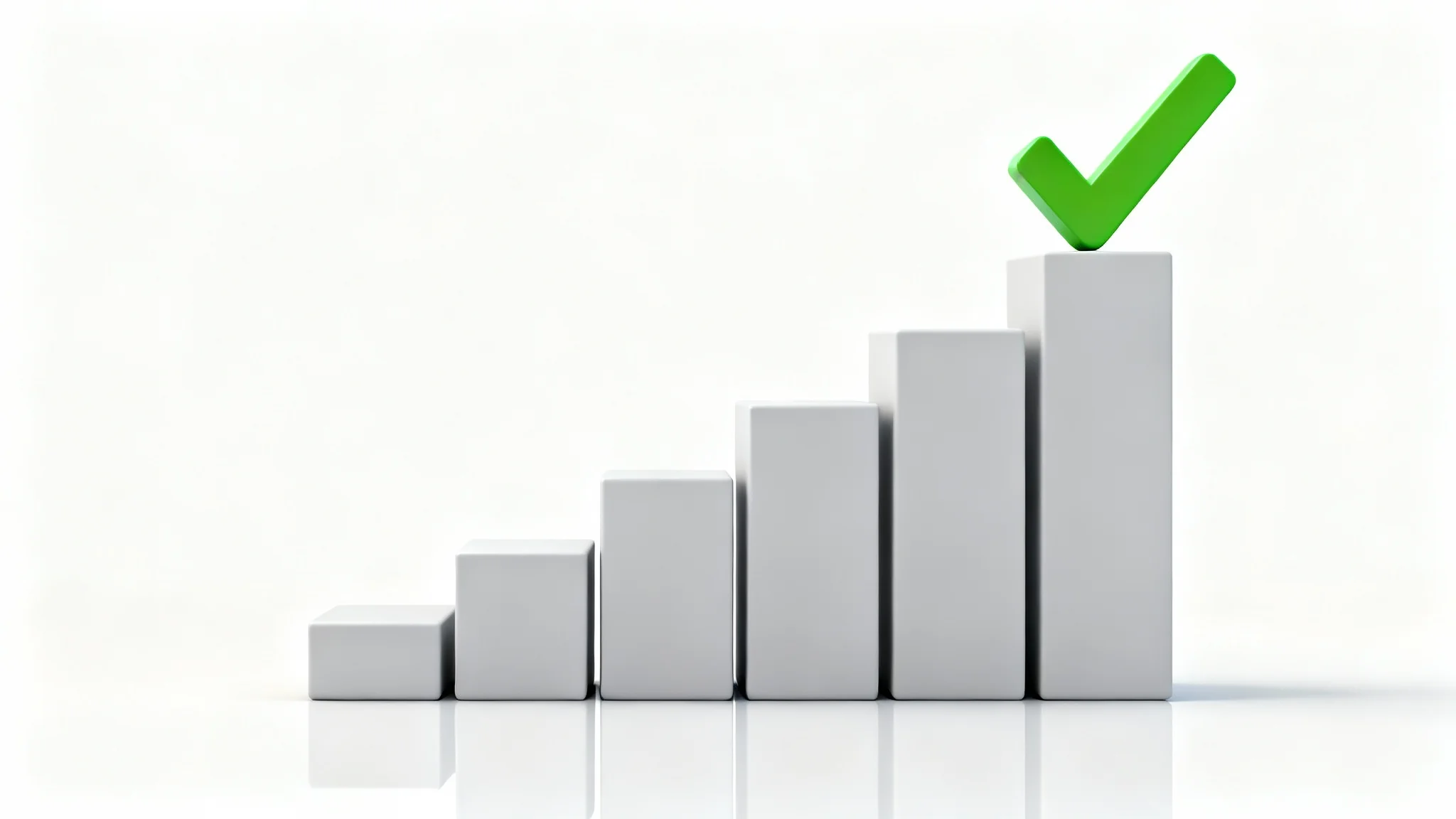 A 3D mockup of a progress tracker, visualized as a series of gray steps ascending from left to right, with a green checkmark on the highest step, all against a clean white background.