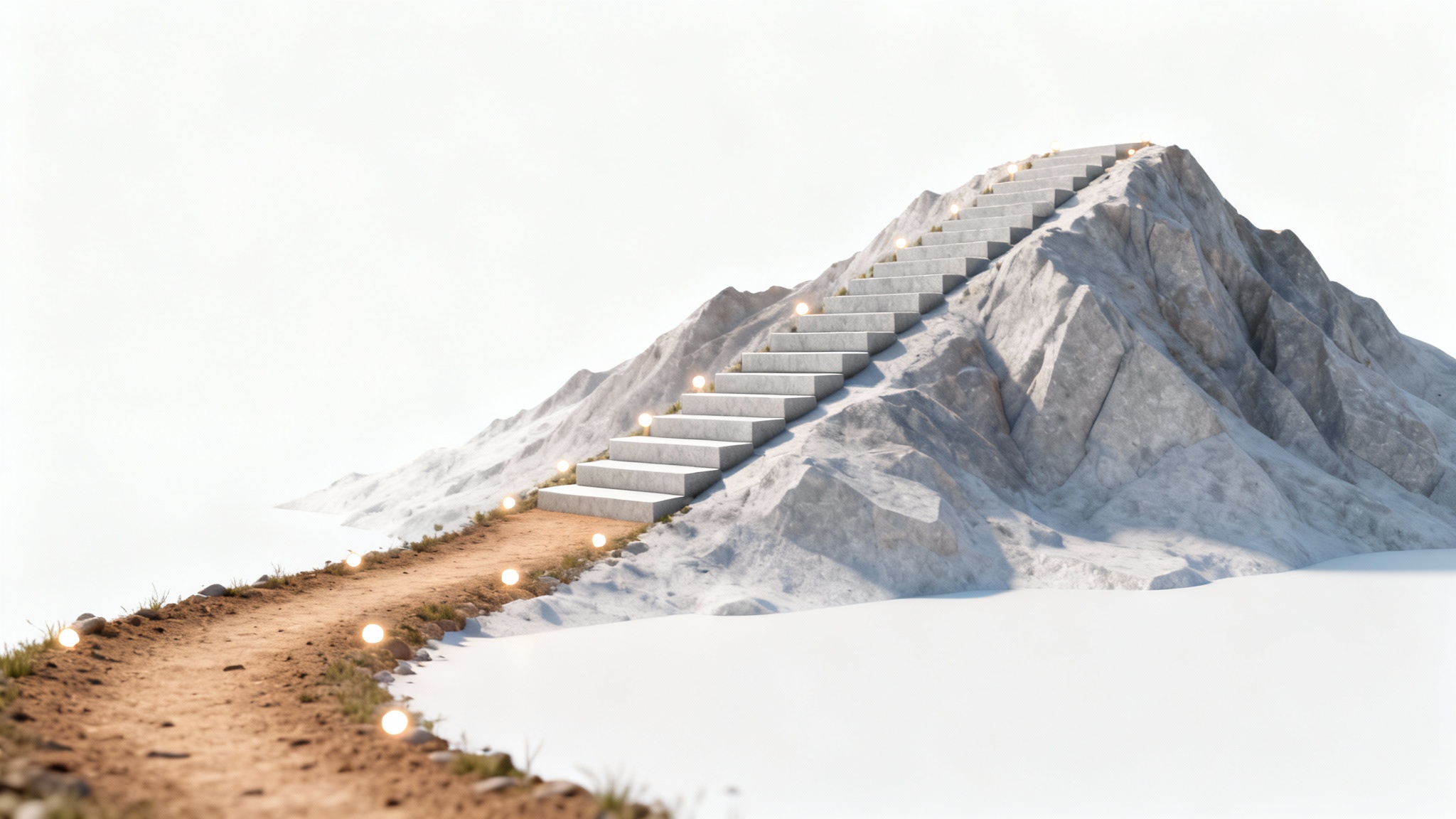 A 3D minimalist rendering of a mountain path against a white background, symbolizing a progress tracker. The path evolves from a simple trail to finished stone steps, representing growth and achievement.
