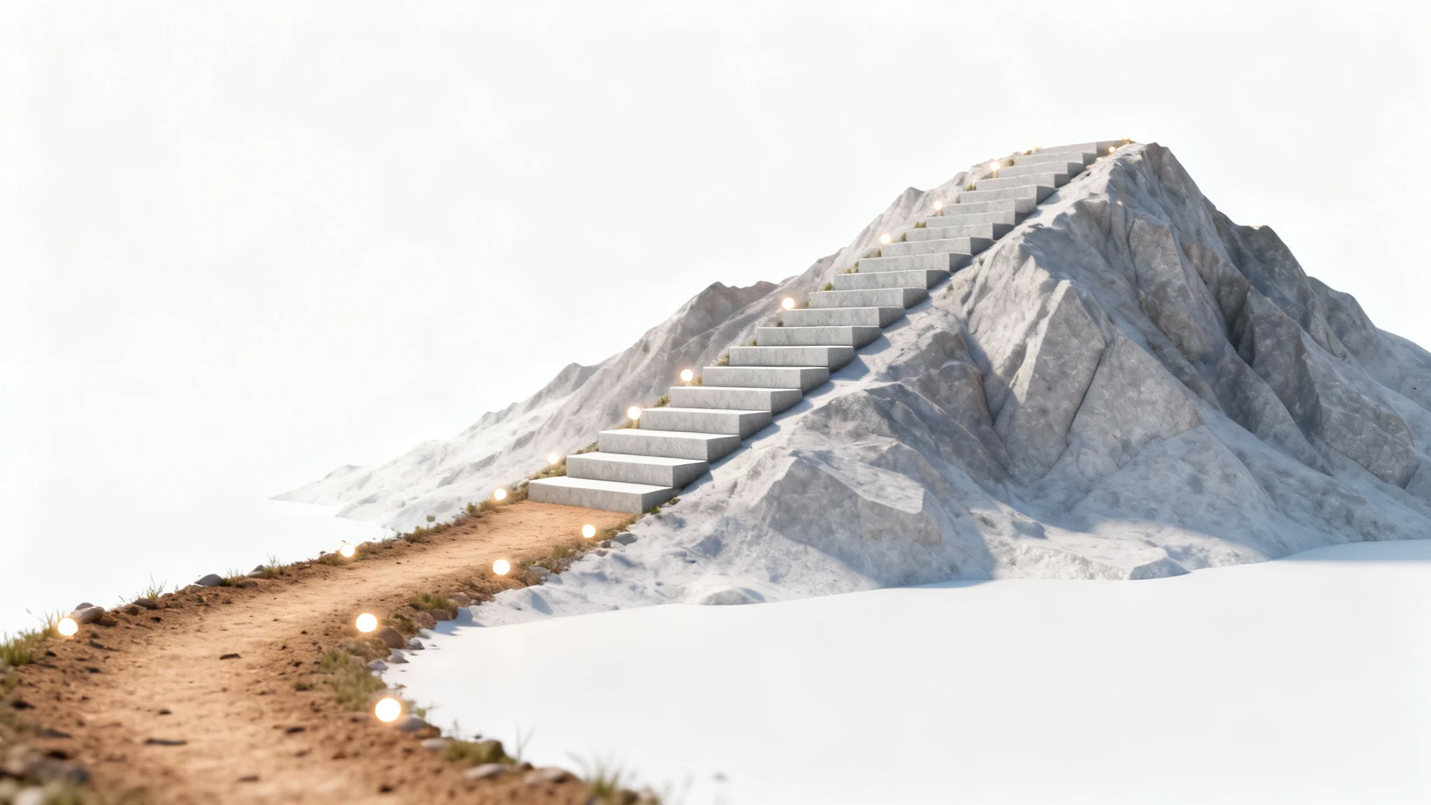 A 3D minimalist rendering of a mountain path against a white background, symbolizing a progress tracker. The path evolves from a simple trail to finished stone steps, representing growth and achievement.