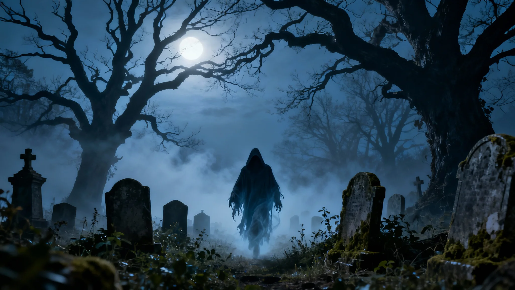 A final, polished background image of a spooky cemetery at twilight, featuring thick fog, crooked tombstones, and a ghostly figure gliding between the graves under pale moonlight.