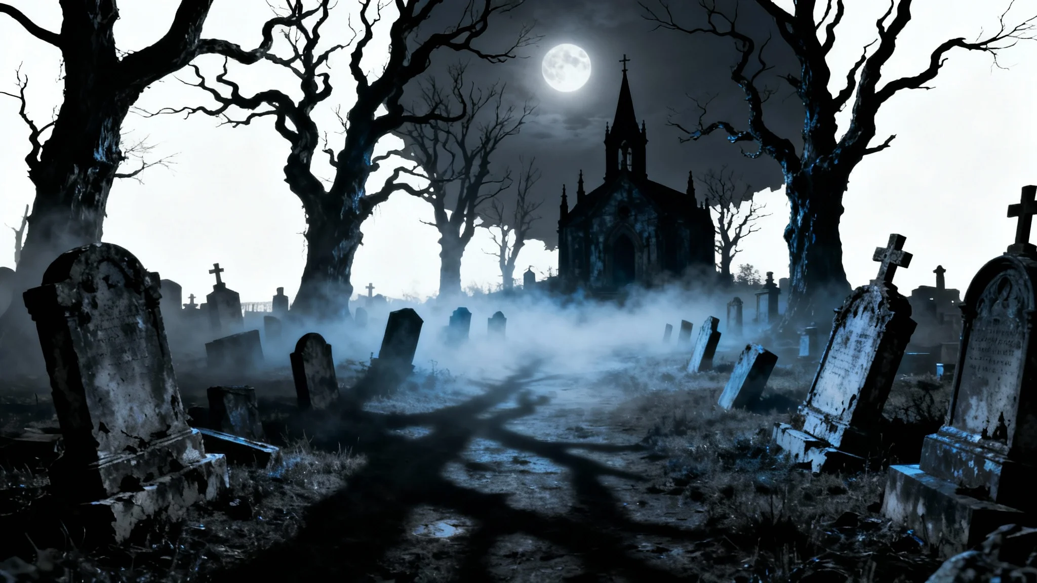 A spooky, photorealistic image of a moonlit cemetery at night, with thick fog rolling over ancient, weathered gravestones and gnarled trees, creating an eerie and chilling atmosphere.