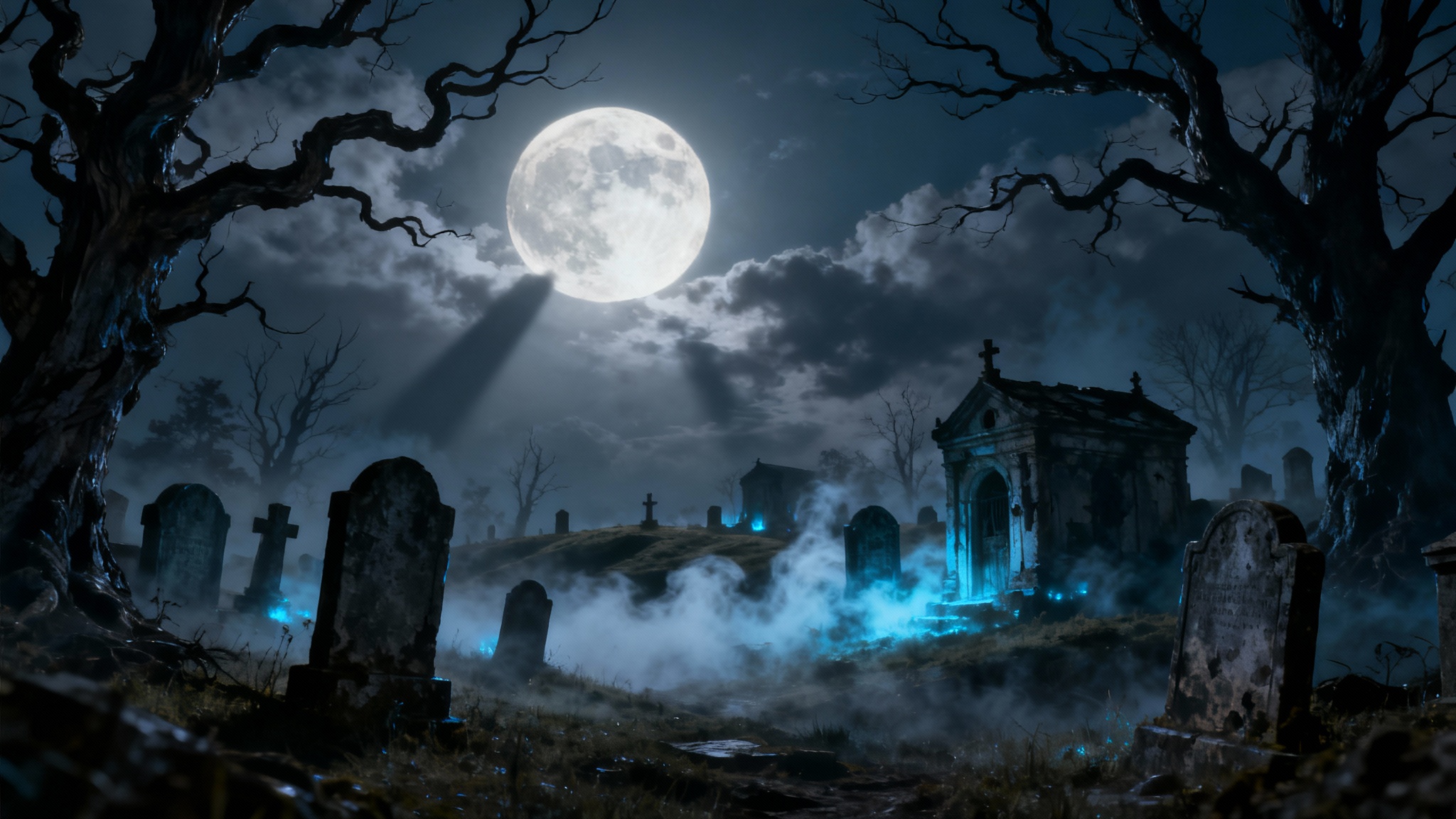 A spooky, moonlit cemetery at night, with old tombstones, gnarled trees, and thick fog creating an eerie atmosphere.
