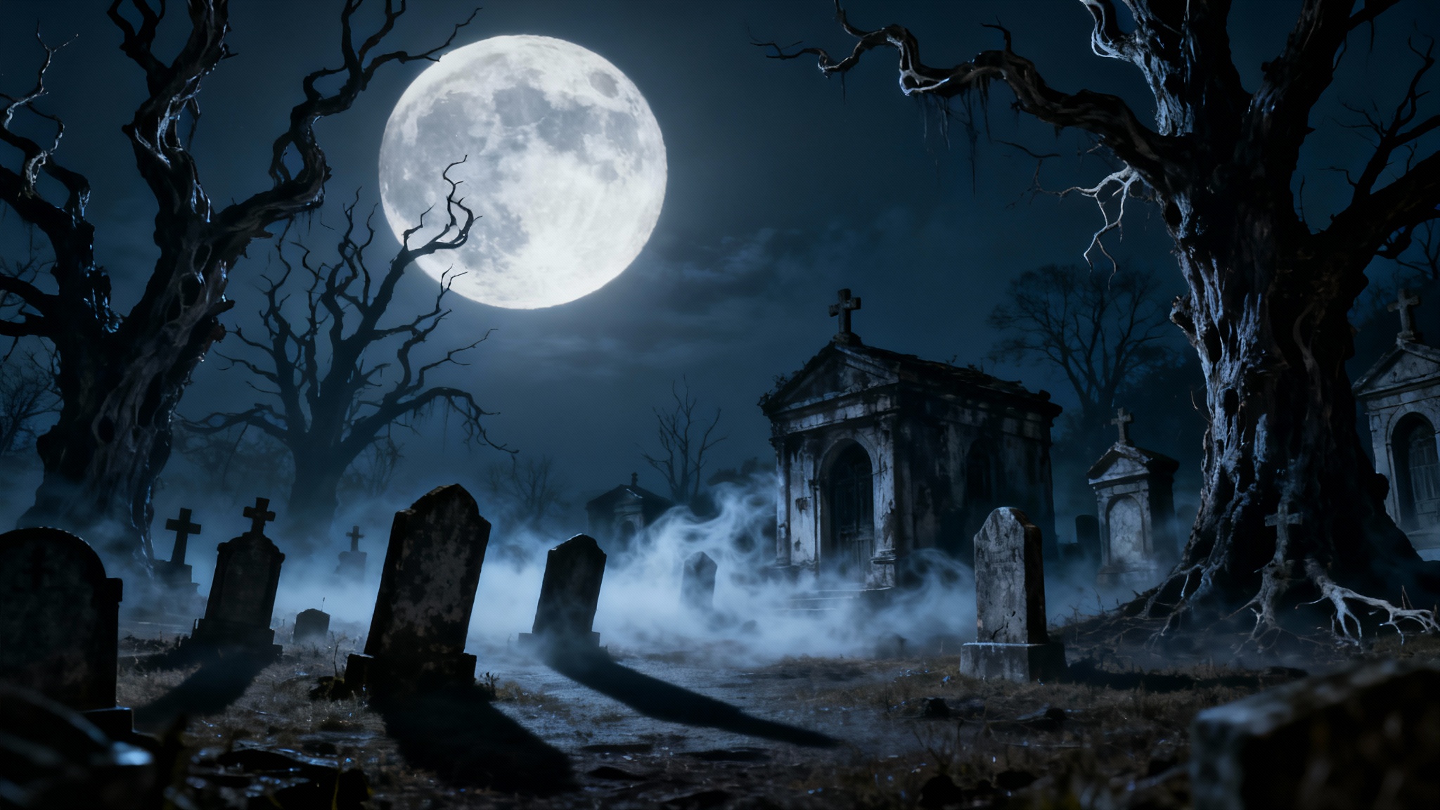 A photorealistic depiction of a spooky cemetery at night, with a large full moon illuminating fog-covered gravestones and silhouetting menacing, twisted trees.