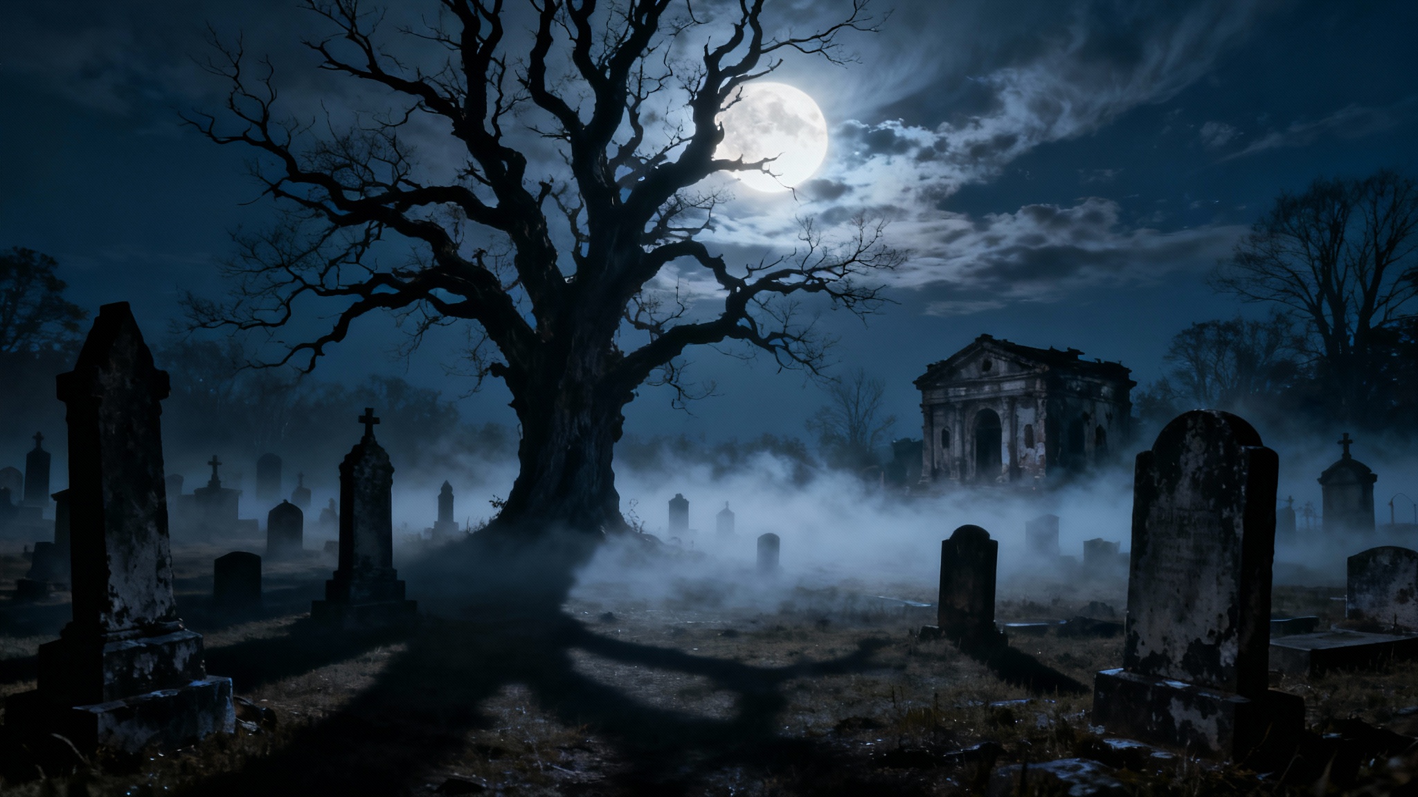A spooky, fog-filled cemetery at night, with a full moon illuminating old tombstones and a large, twisted, dead tree.