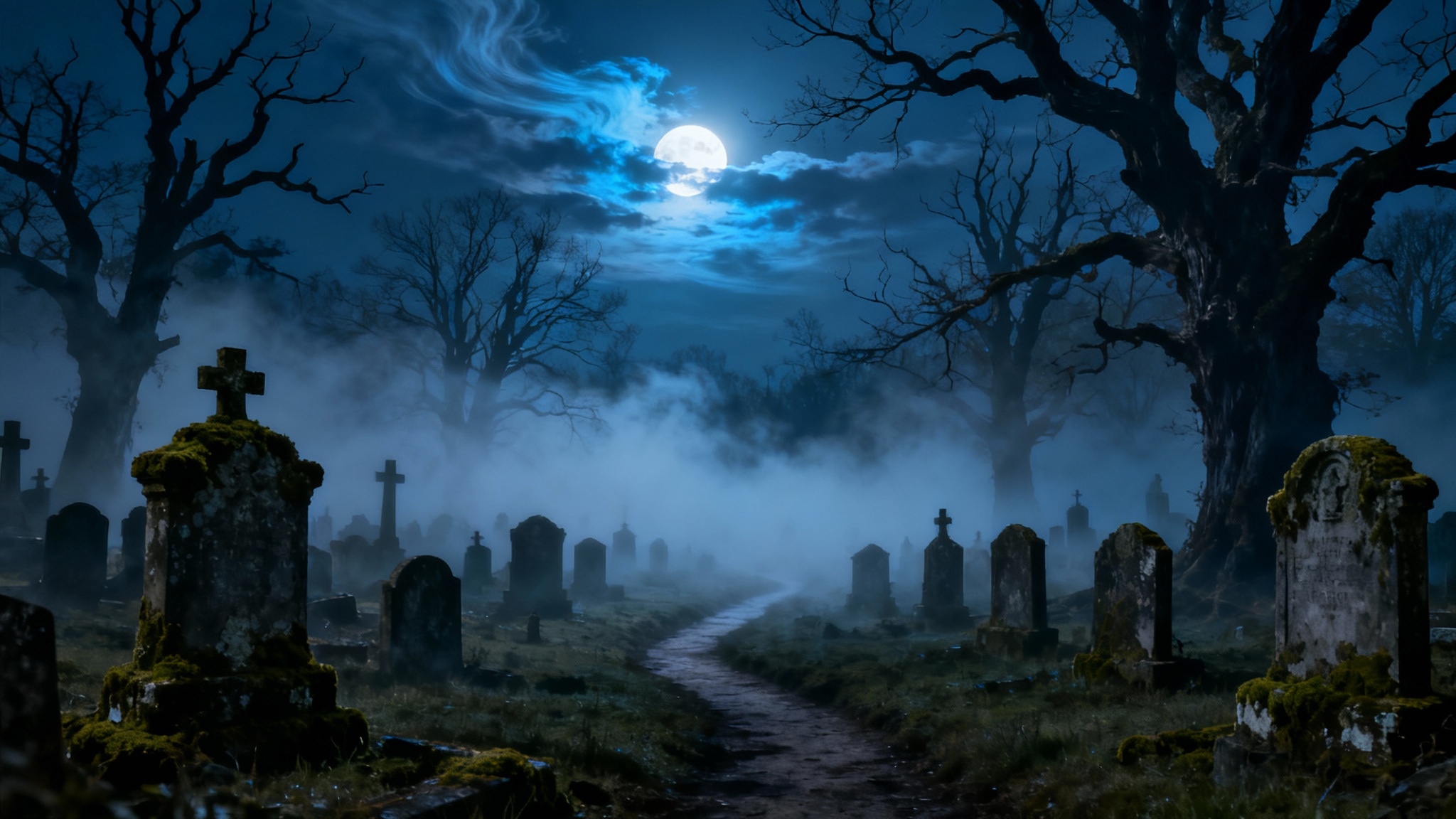 A mockup of a spooky cemetery background showing a moonlit graveyard with fog, old tombstones, and twisted trees, set against a plain white background.
