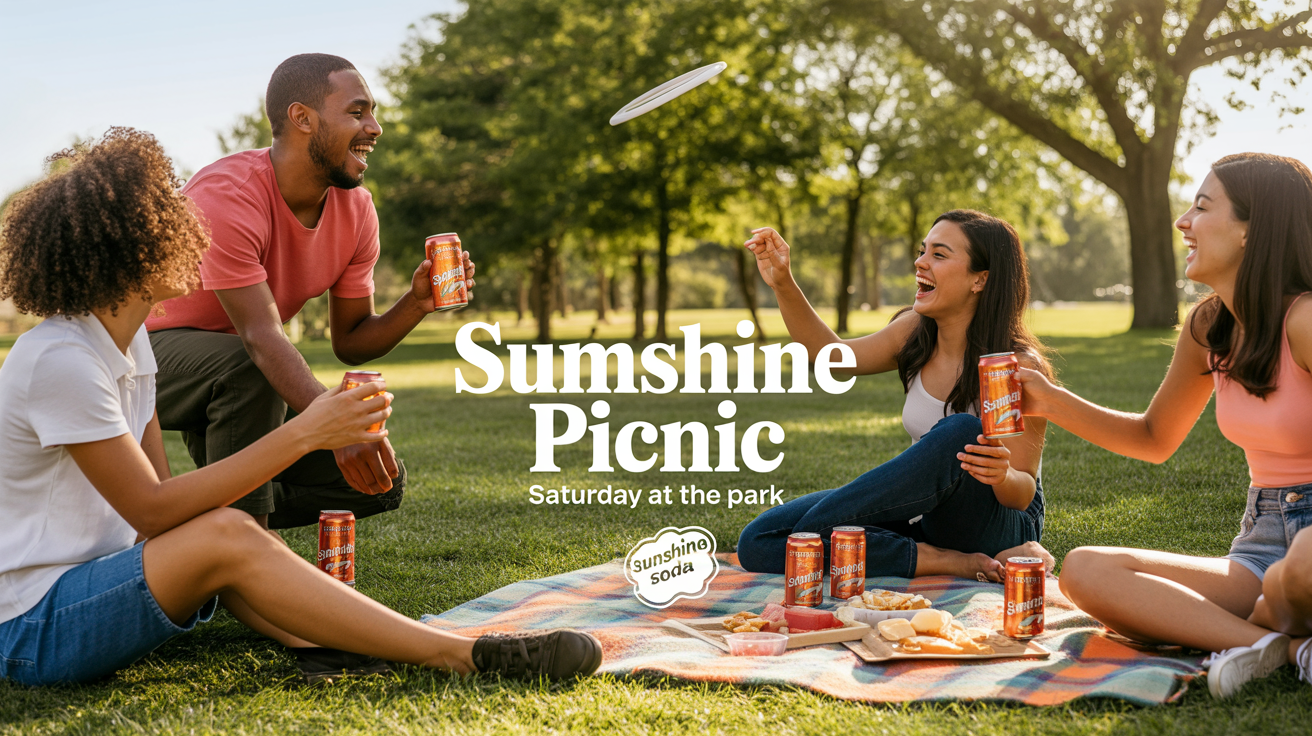 A vibrant photo of friends having a picnic in a park, overlaid with professionally designed white text that says 'SUMMER PICNIC' and 'Saturday at the Park'.