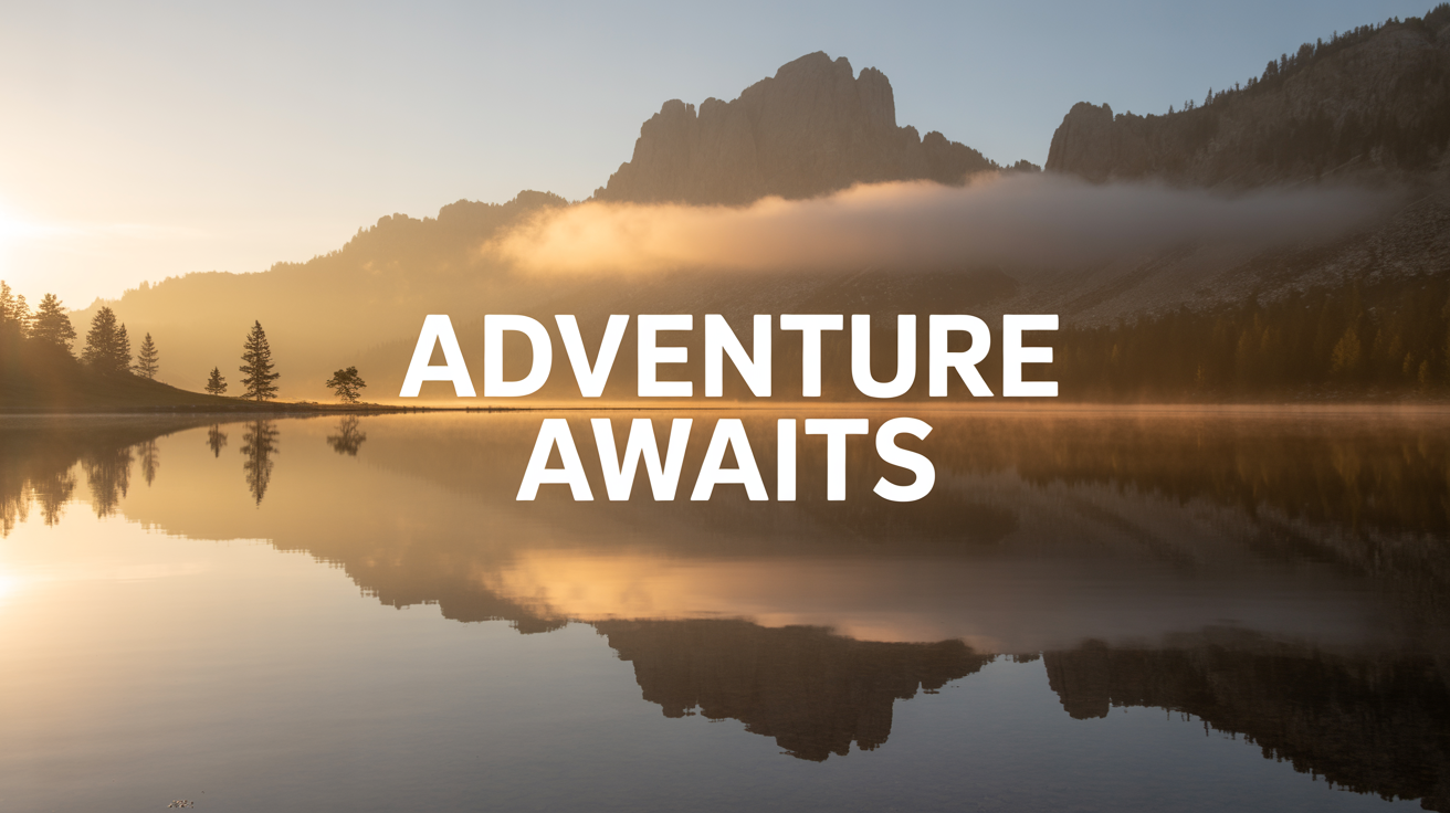 A mockup showing a beautiful mountain landscape photo at sunrise with the white text 'ADVENTURE AWAITS' added over the sky, demonstrating the 'add text to photo' feature.