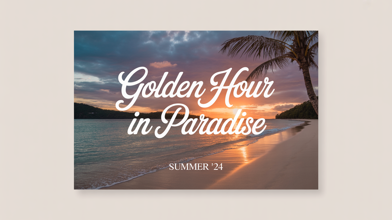 A mockup of a tropical beach sunset photo with the text 'Golden Hour in Paradise' and 'Summer '24' written on it, set against a white background.