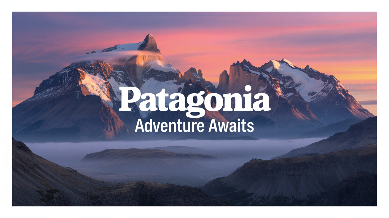 A scenic photograph of a mountain range at sunrise, with the words 'PATAGONIA' and 'Adventure Awaits' written in white text over the image, representing the 'add text to photo' feature.