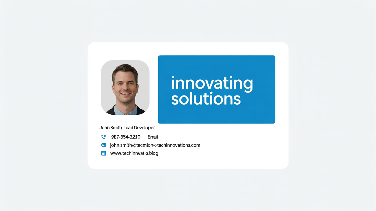 An updated and professional email signature for 'John Smith, Lead Developer' at 'Tech Innovations Inc.' shown in an Office 365 email. The signature includes his photo, contact details, social media icons, and the company logo.