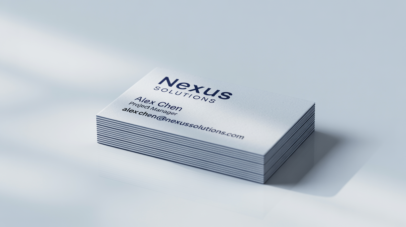 A stack of identical, professional business cards for 'Nexus Solutions', representing the brand consistency achieved through an Office 365 signature update.