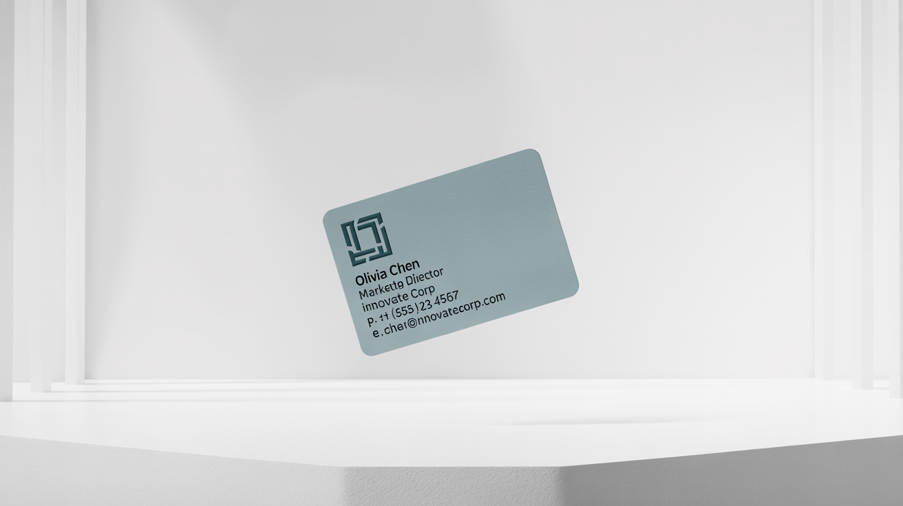 A professional business card mockup for Olivia Chen, Marketing Director at Innovate Corp, representing a clean and modern professional email signature.