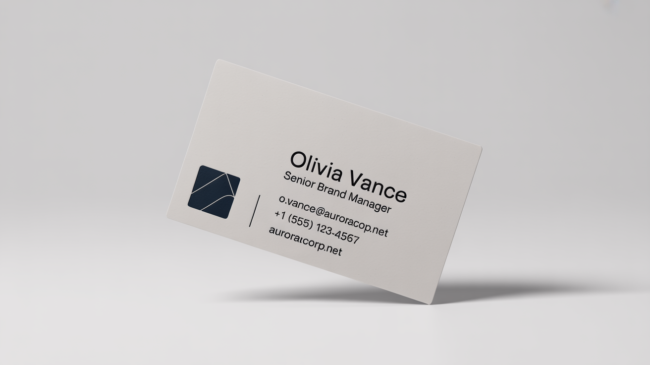 A photorealistic mockup of a professional business card for 'Olivia Vance, Senior Brand Manager' on a white background, symbolizing a clean and updated Office 365 email signature.