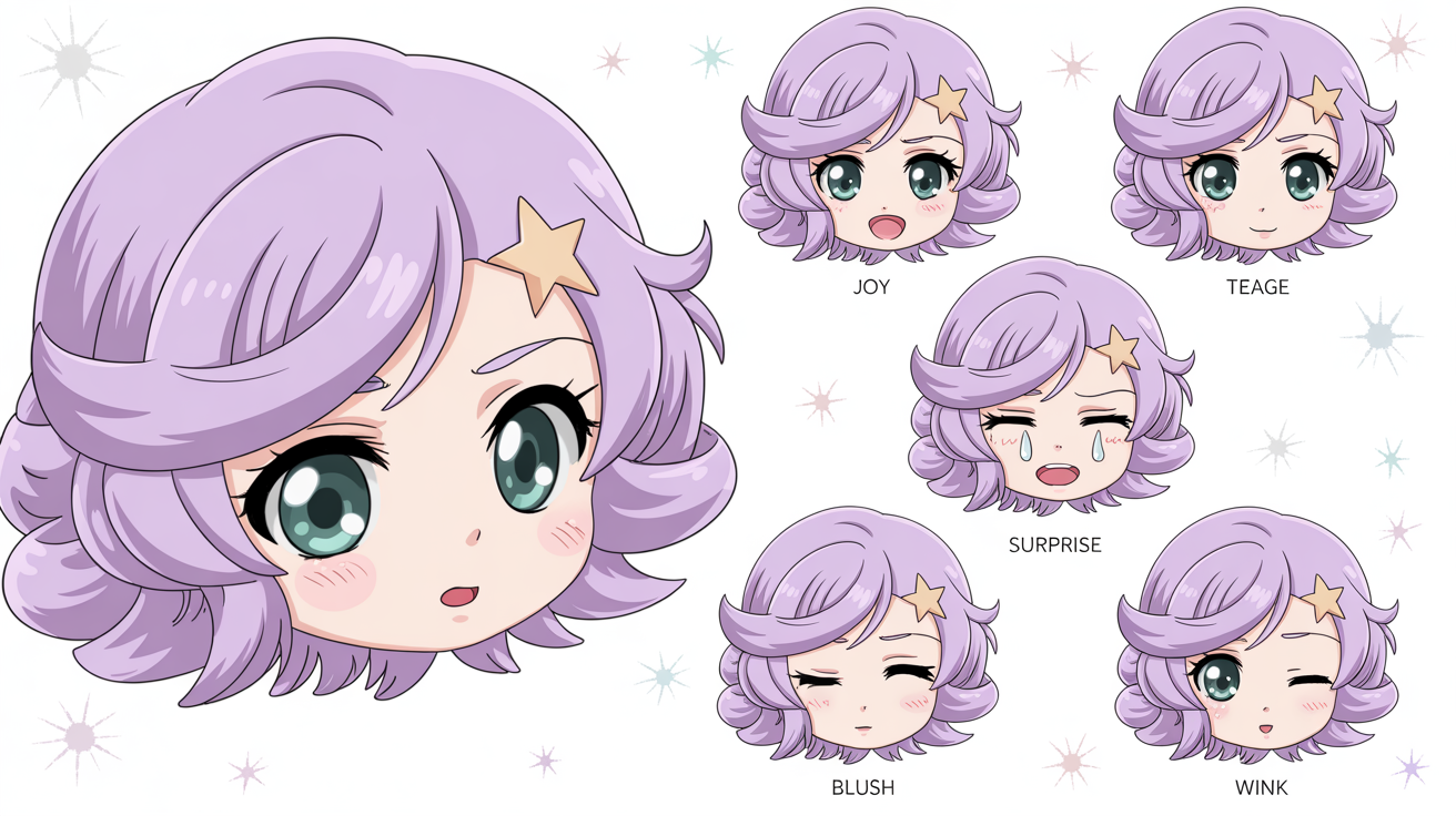 A digital art expression sheet of a chibi character with lavender hair and green eyes, showcasing six emotions (happy, angry, sad, surprised, blushing, winking) in a neat grid on a clean white background.