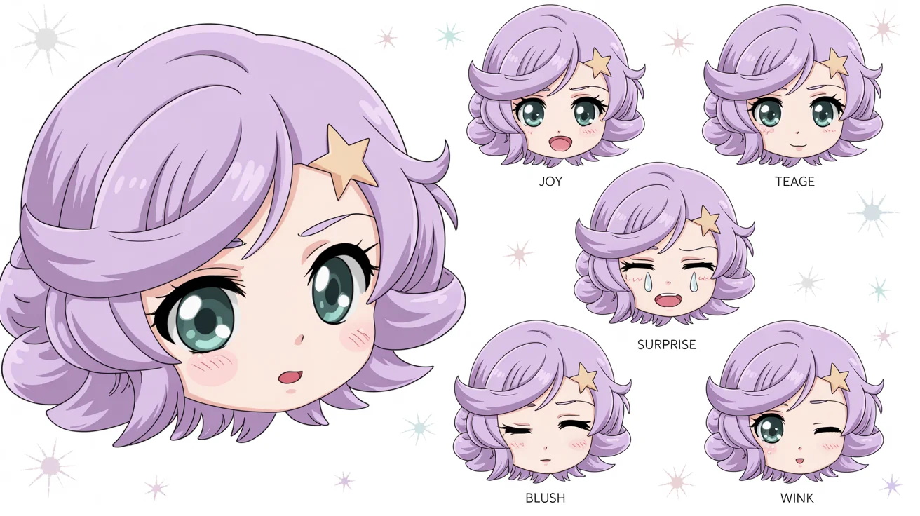 A digital art expression sheet of a chibi character with lavender hair and green eyes, showcasing six emotions (happy, angry, sad, surprised, blushing, winking) in a neat grid on a clean white background.
