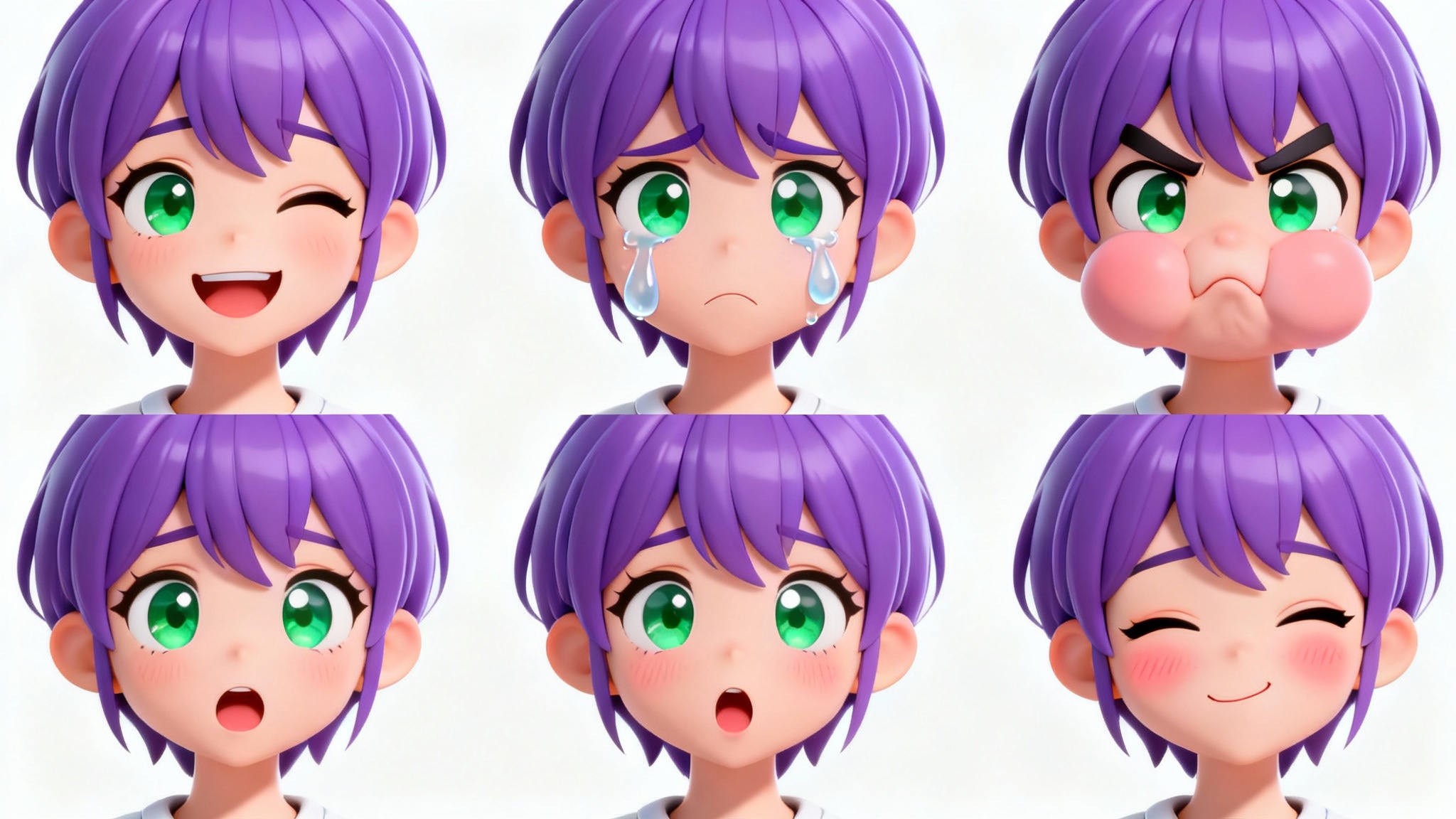 A chibi expression sheet showing a cute purple-haired anime character with six different facial expressions: happy, sad, angry, surprised, blushing, and winking, all on a white background.