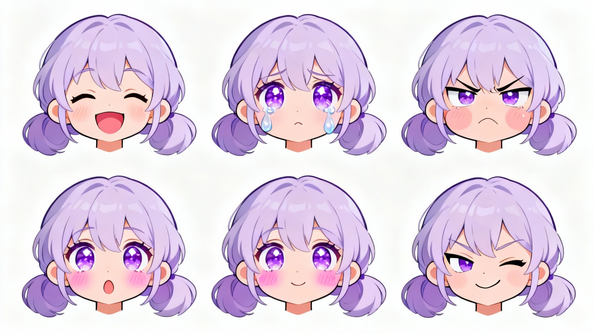 A character expression sheet showcasing a cute chibi girl with lavender hair in six different emotional states: happy, sad, angry, surprised, blushing, and mischievous, all set against a clean white background.