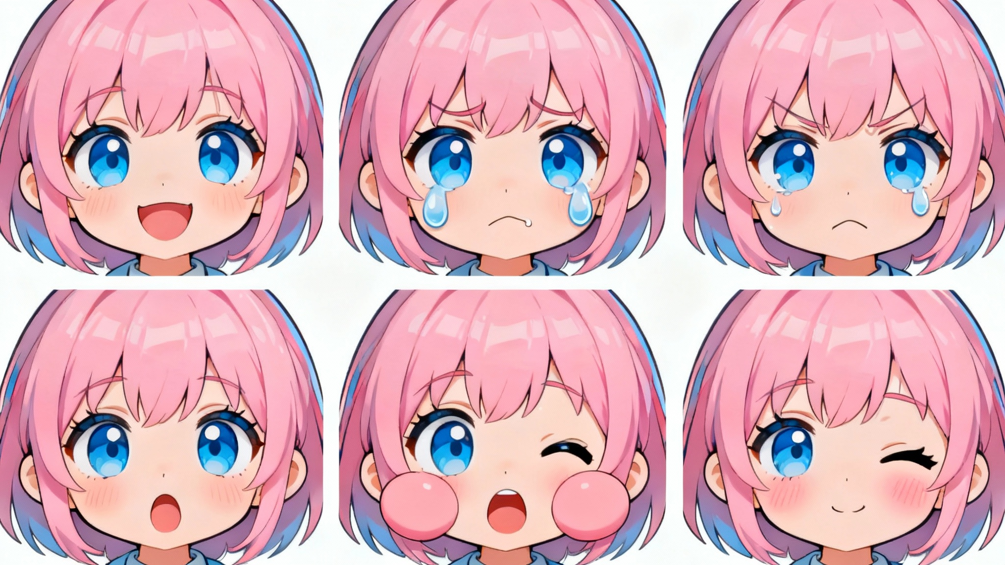 A character design expression sheet for a chibi girl with pink hair, showing six emotions: joy, sadness, anger, surprise, winking, and shyness, on a clean white background.