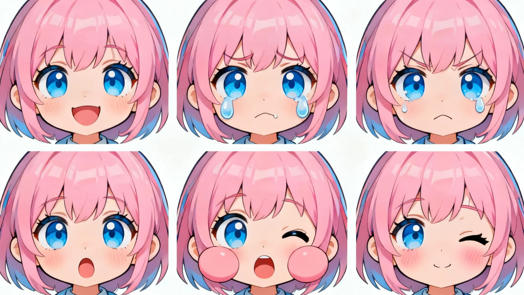 A character design expression sheet for a chibi girl with pink hair, showing six emotions: joy, sadness, anger, surprise, winking, and shyness, on a clean white background.