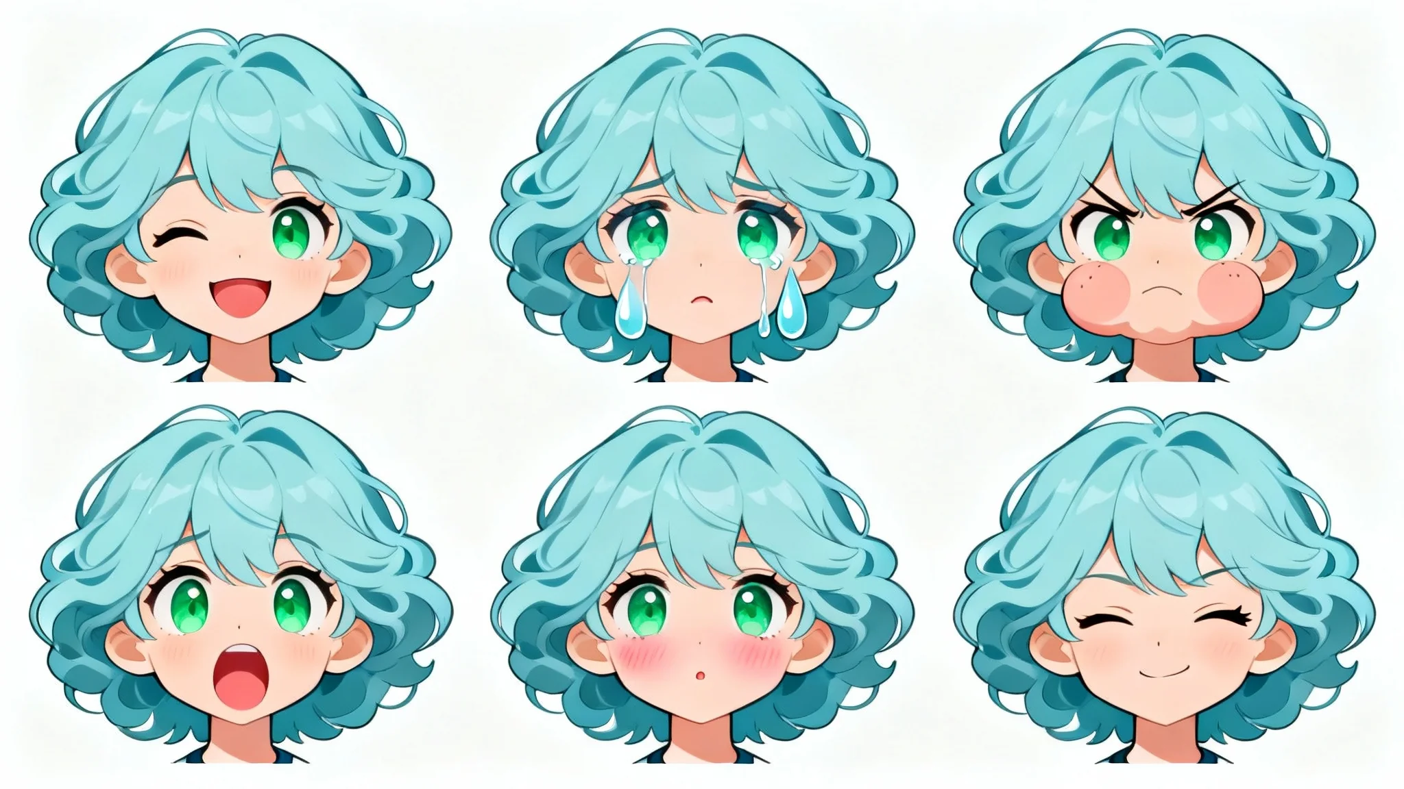 A chibi character expression sheet showing a girl with blue hair in six different emotional states: happy, sad, angry, shocked, shy, and smug, all arranged in a grid on a white background.