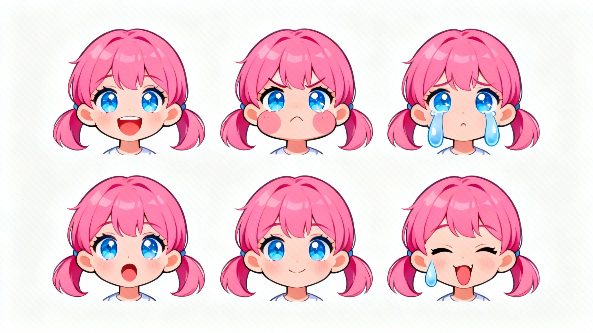 A character expression sheet of a cute chibi girl with pink hair, displaying six different emotions: happy, angry, sad, shocked, shy, and mischievous, presented in a grid on a white background.